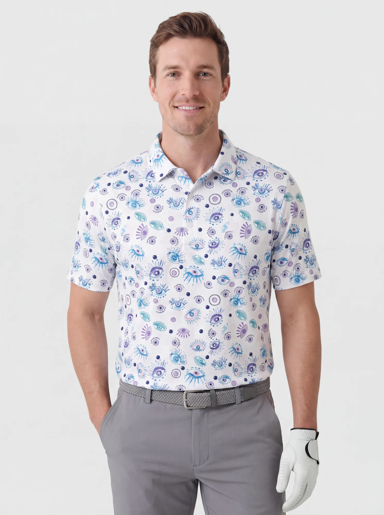 Men's blue & lilac eye motif print polo in white / blue / lilac, front view