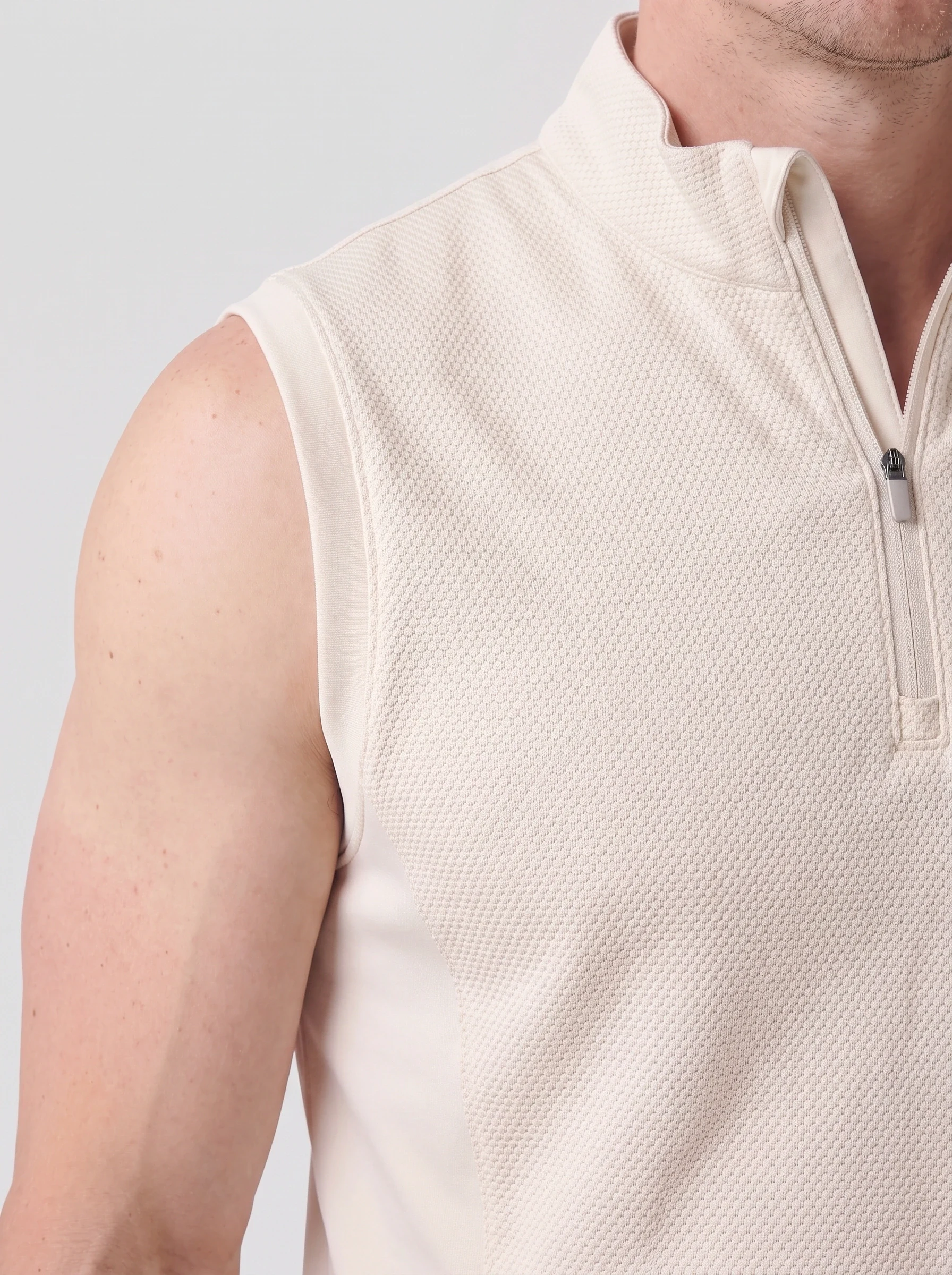 Cream Honeycomb Zip Vest, men zip tops & midlayers, Honeycomb texture and armhole binding detail