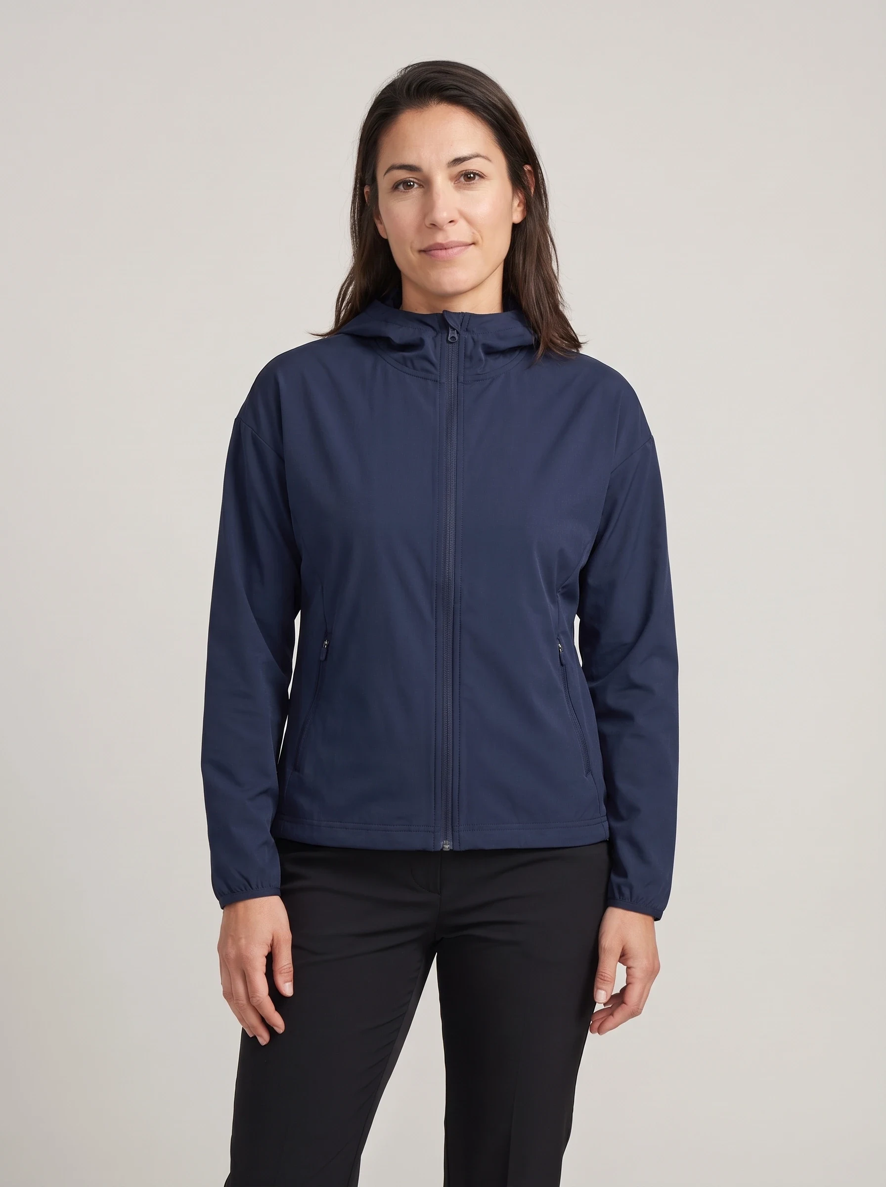 Navy Draw Hem Zip Hoodie, women hoodies, front view