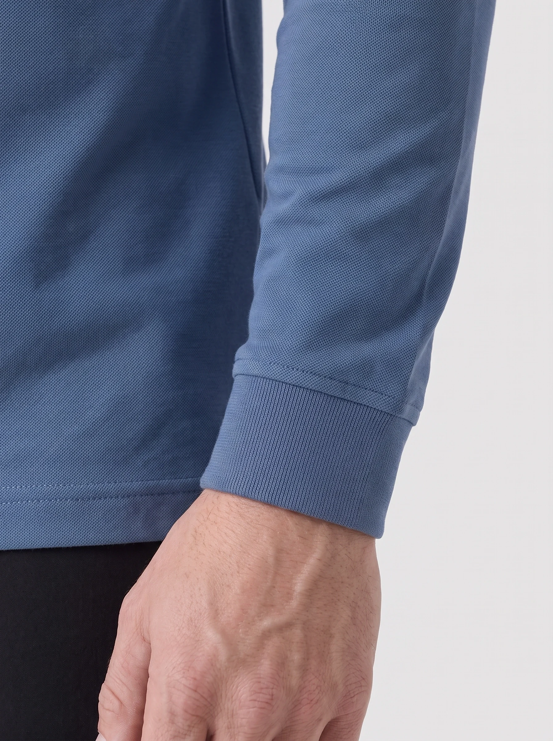 Denim Blue Long Sleeve Pique Polo, men solid polos, Long sleeve rib cuff and fine pique detail