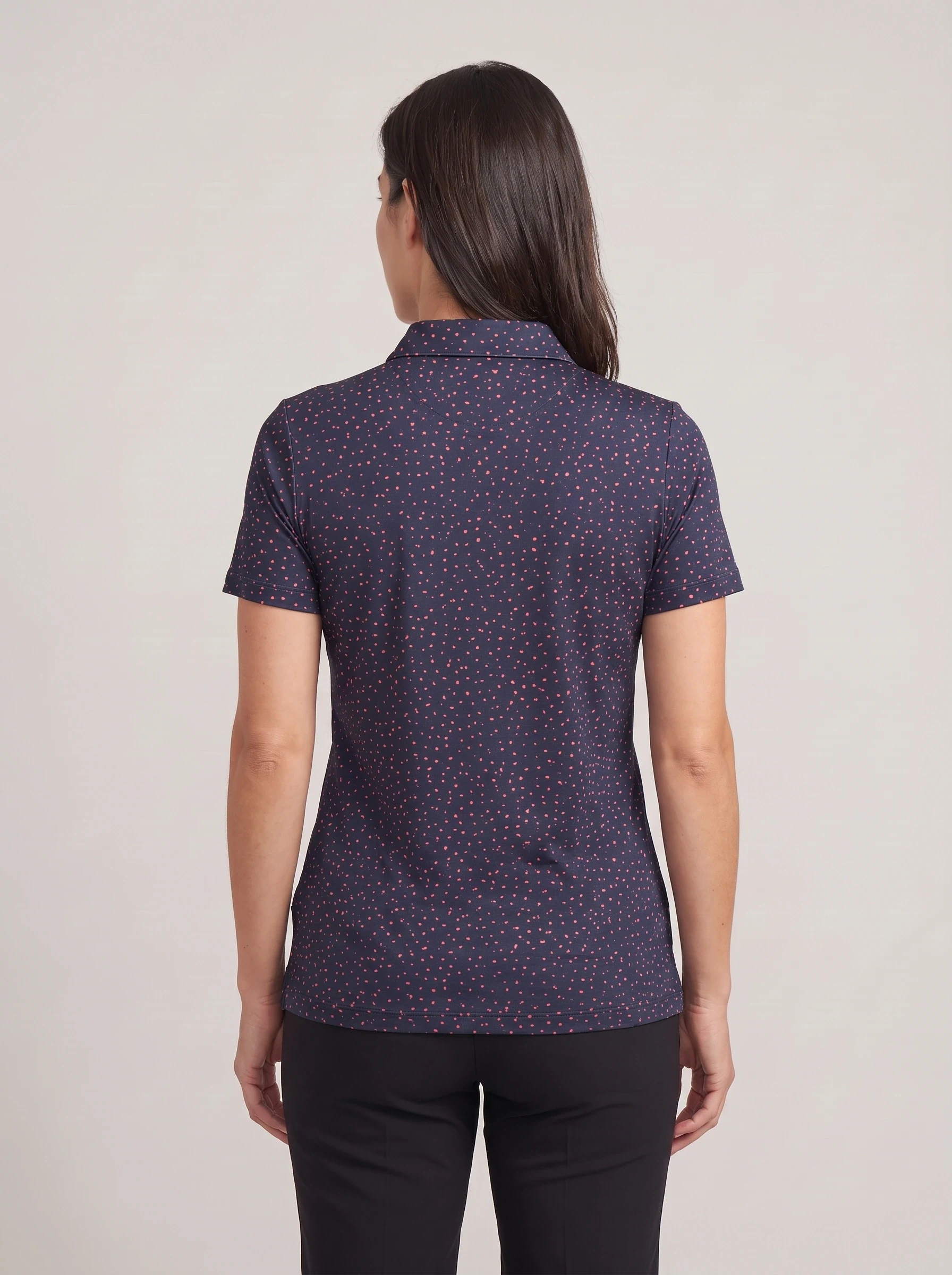 Navy Coral Dot Polo, women printed polos, back view