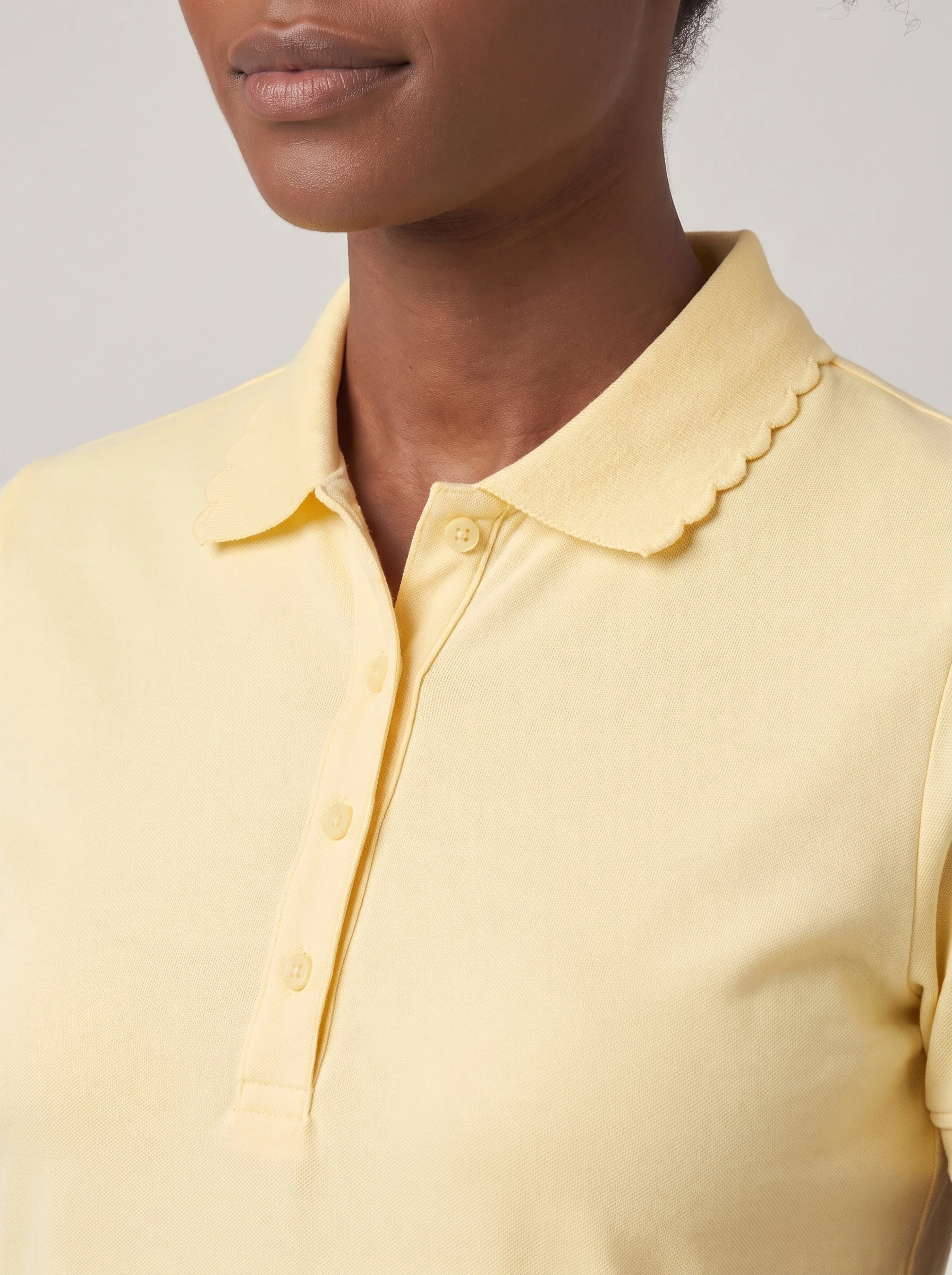 Butter Yellow Scallop Collar Polo, women solid polos, Scalloped collar edge and buttons detail