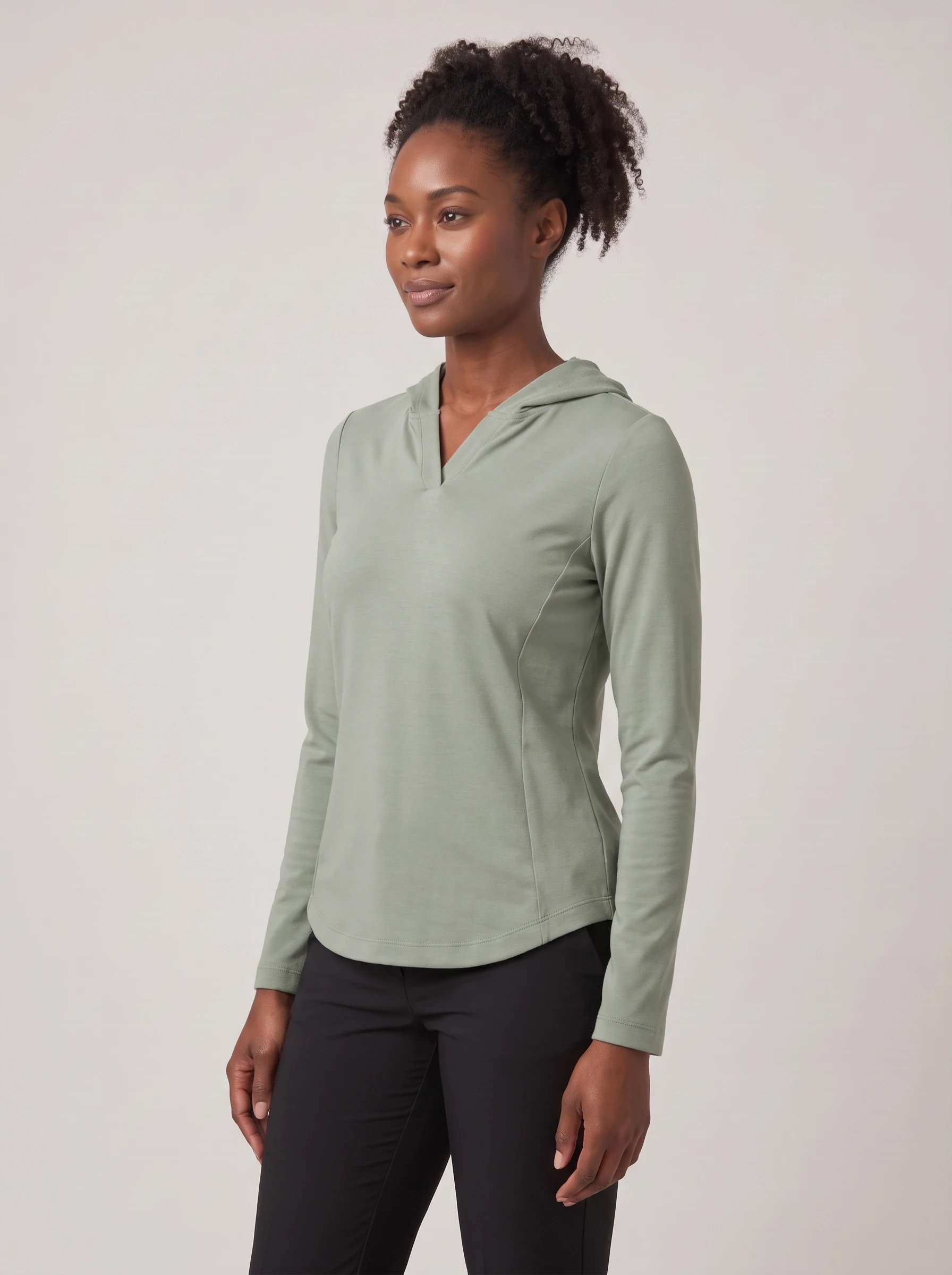 Sage Curved Hem Hoodie, women hoodies, side view