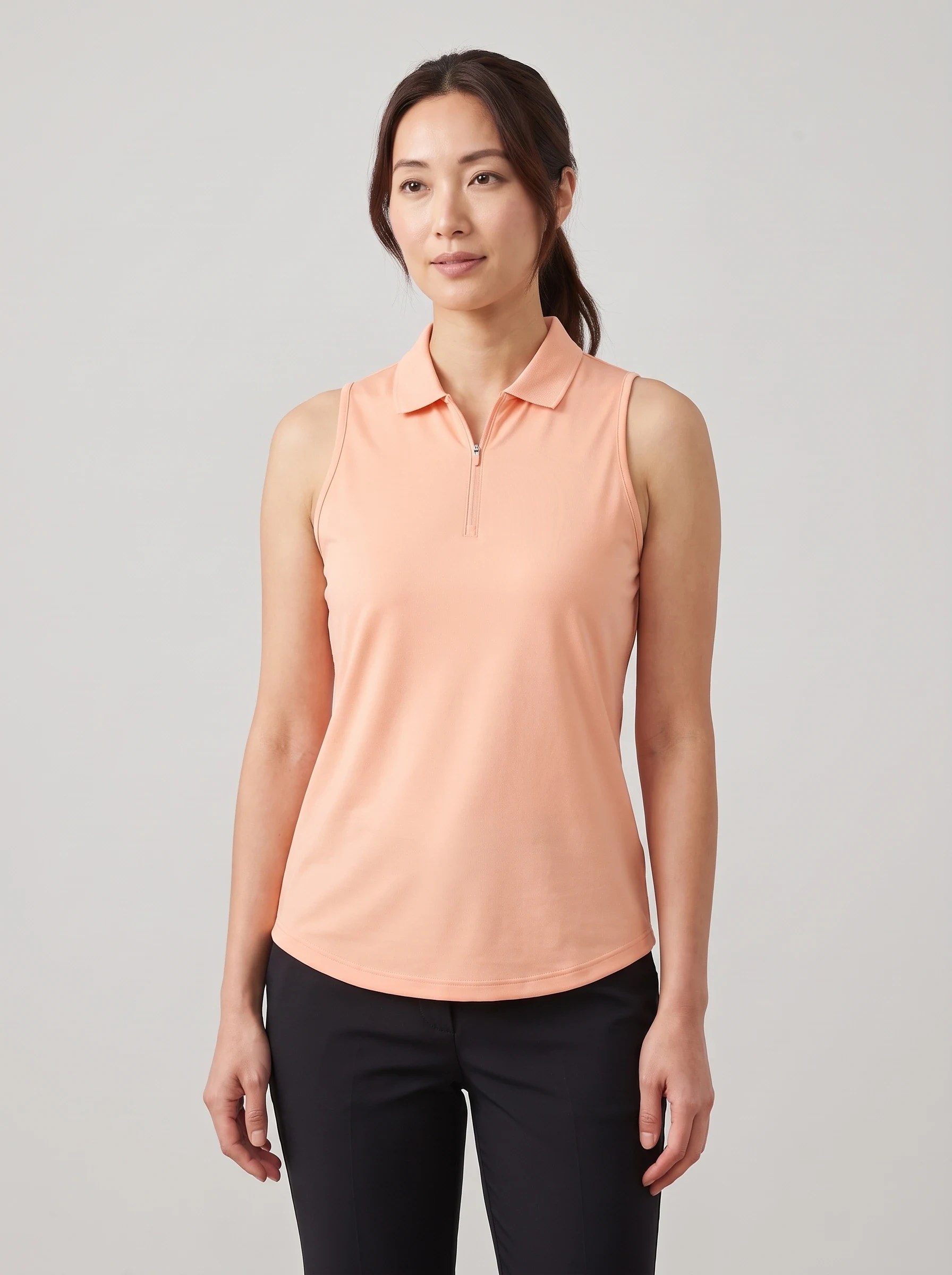 Peach Sleeveless Zip Polo, women solid polos, front view