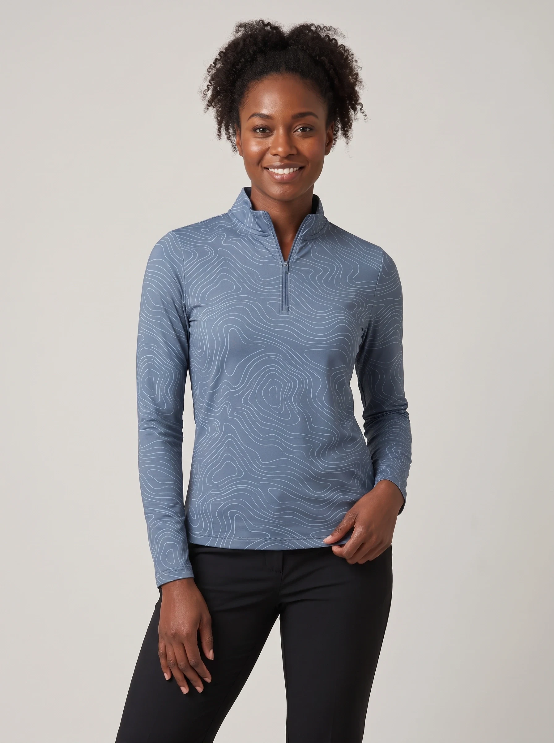 Slate Contour Long Sleeve Polo, women printed polos, front view