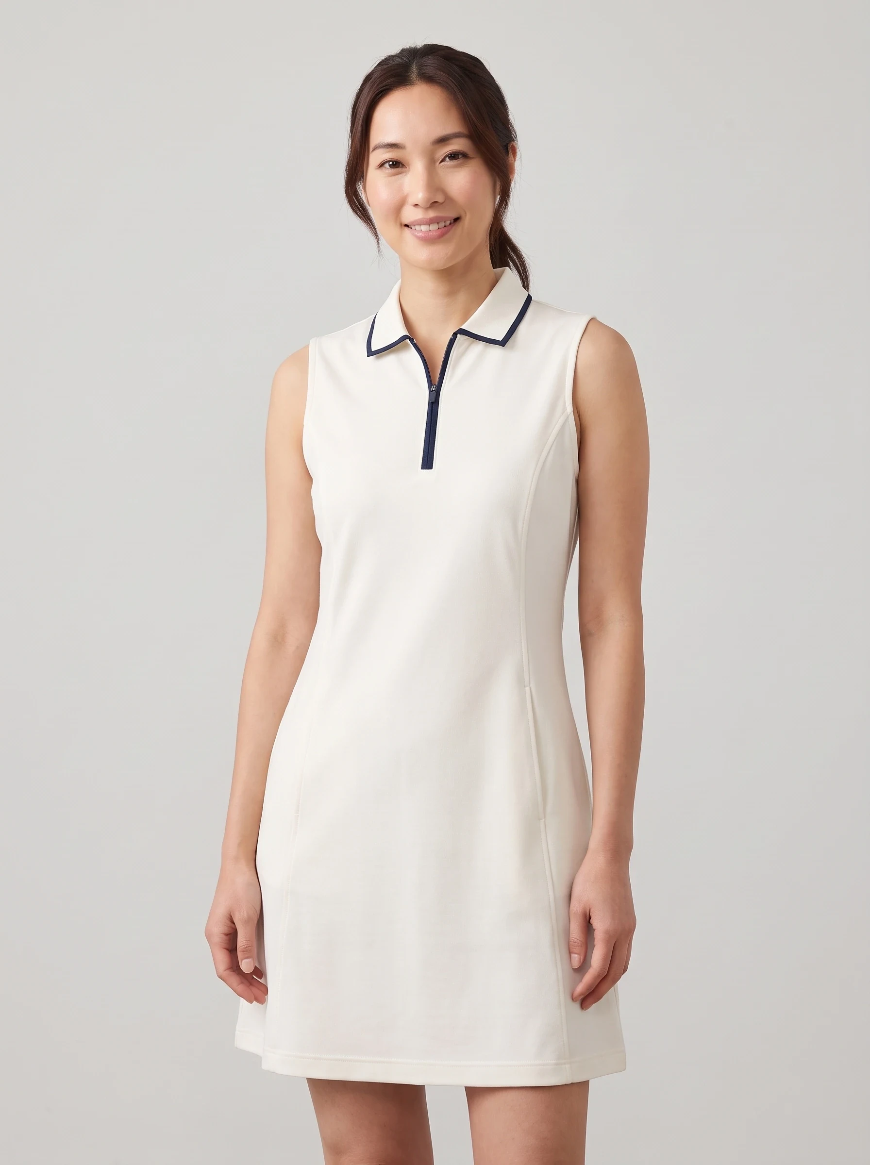 Ivory Contrast Zip Golf Dress, women golf dresses, front view