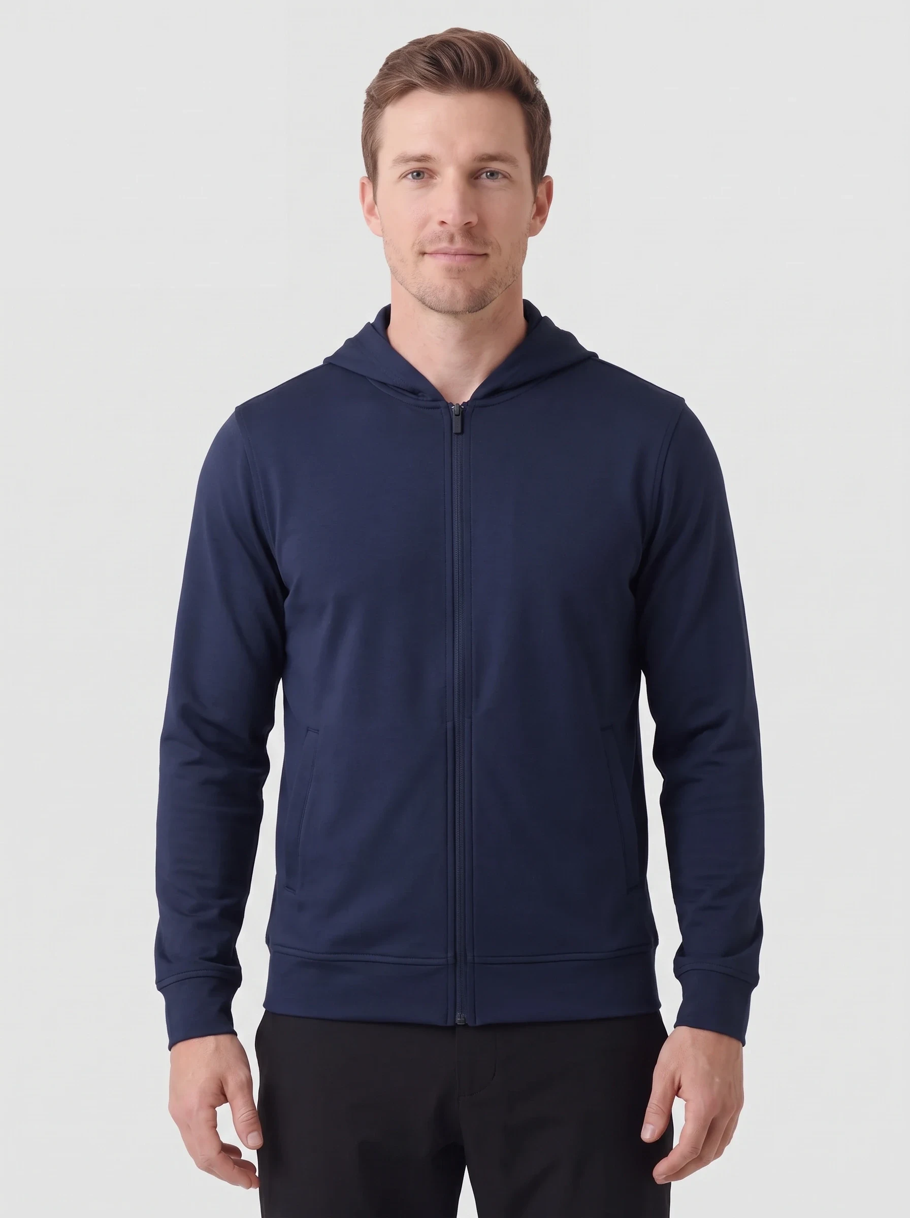 Navy Full Zip Travel Hoodie, men hoodies, front view