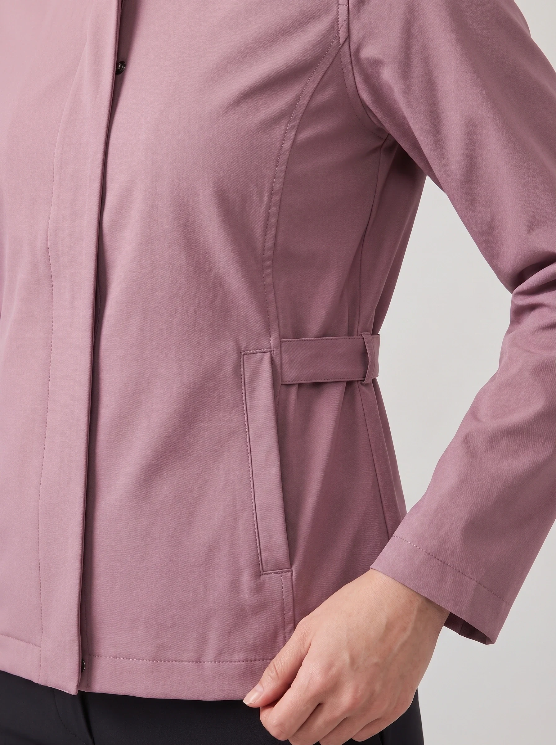 Mauve Belt Tab Golf Jacket, women outerwear, Side waist tab and concealed snap front detail