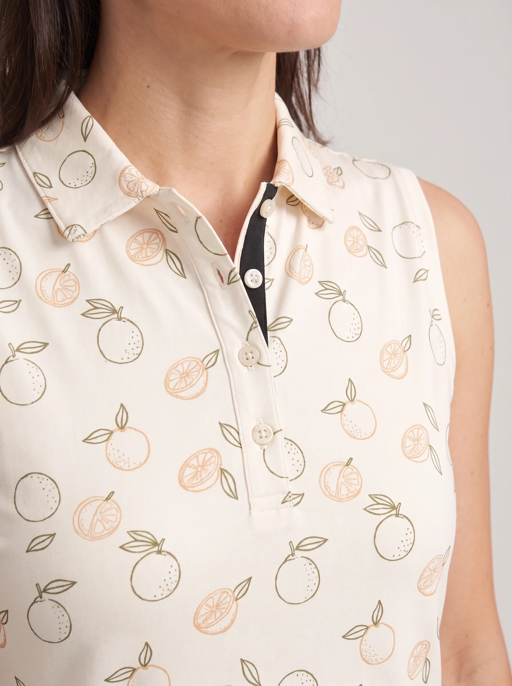Cream Citrus Sketch Polo, women printed polos, Citrus sketch and extended placket detail