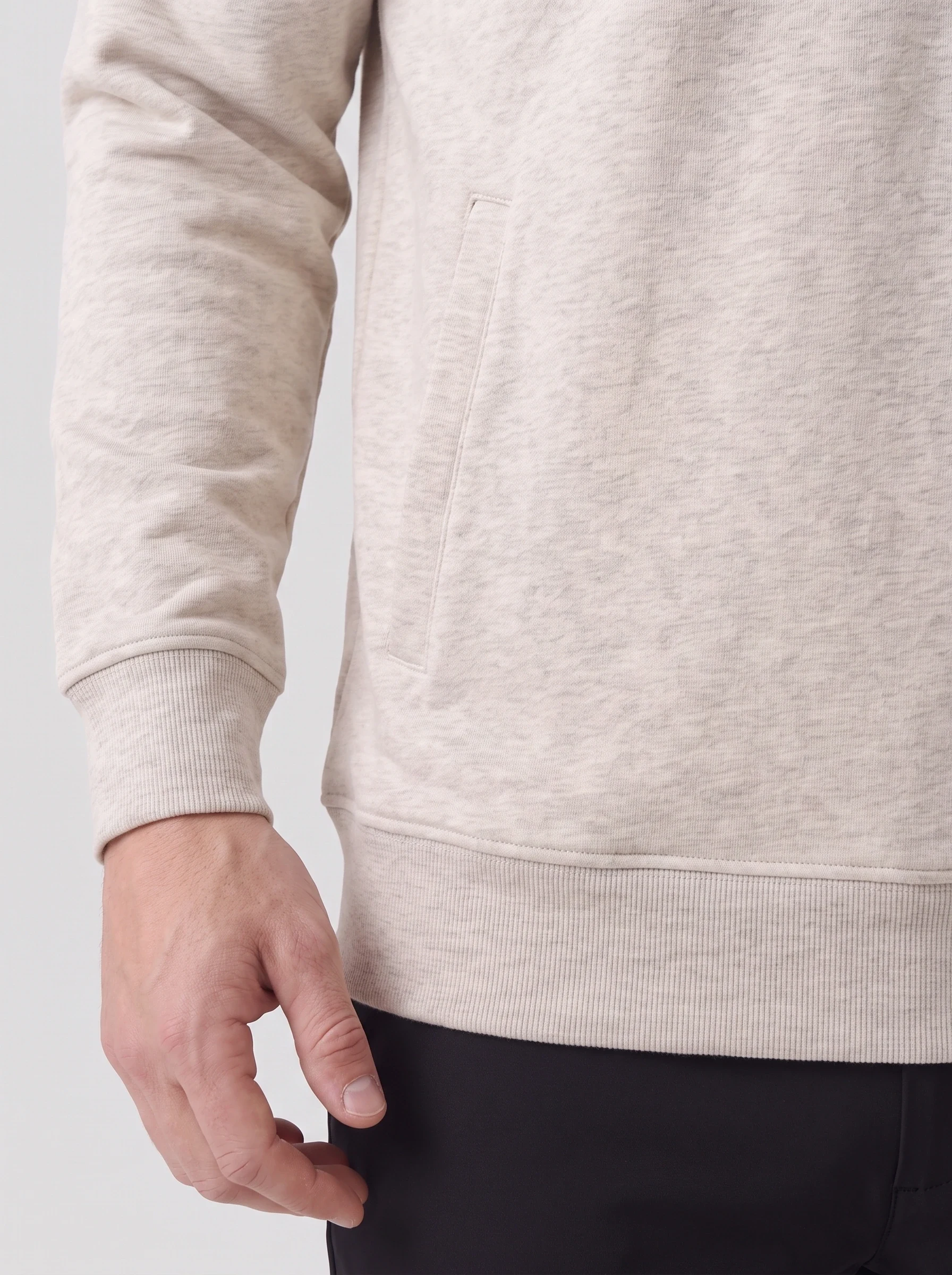 Oatmeal Rib Hem Half Zip Hoodie, men hoodies, Half zipper and broad rib hem detail
