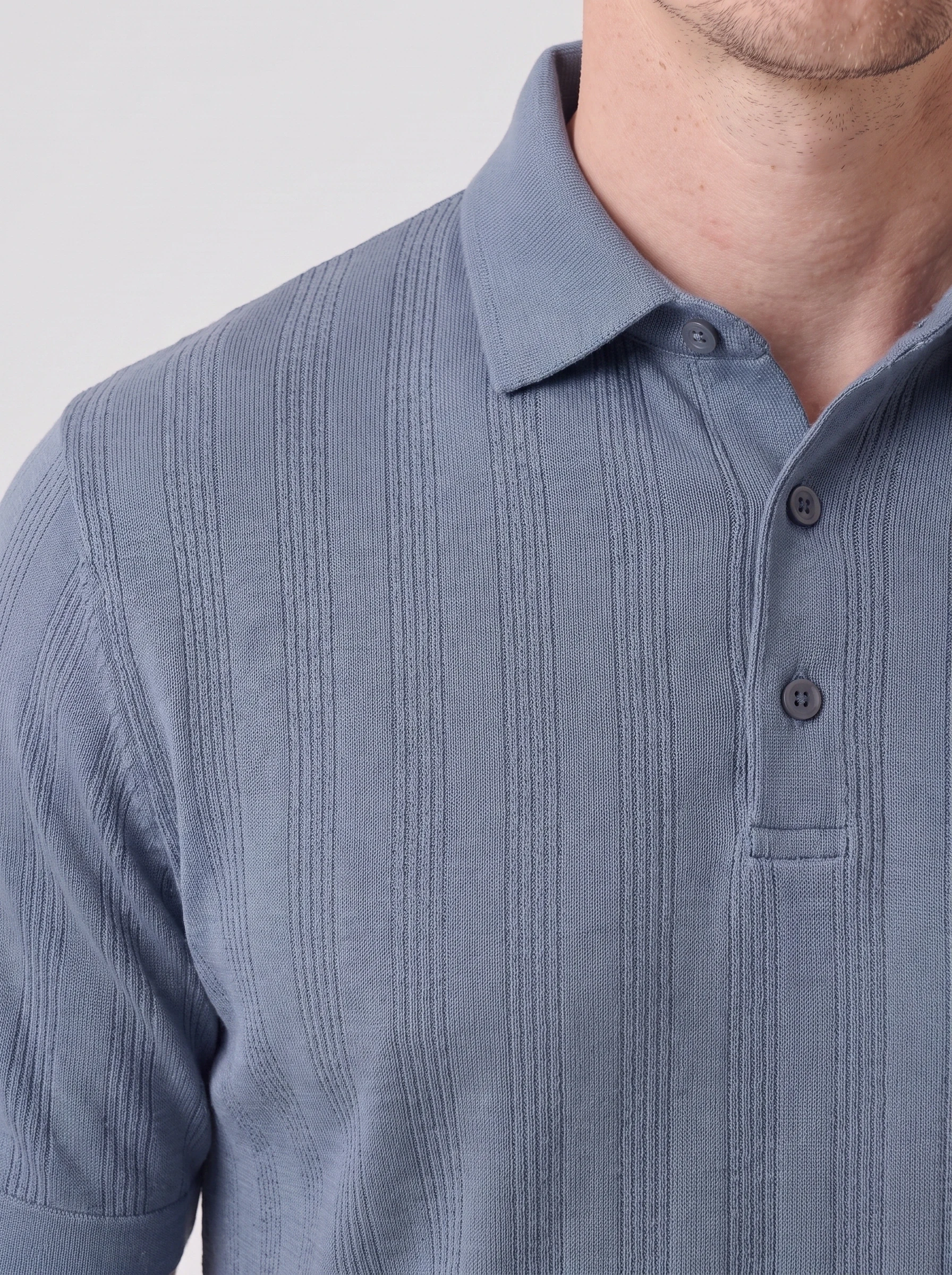 Slate Jacquard Knit Polo, men solid polos, Tonal vertical knitted texture detail