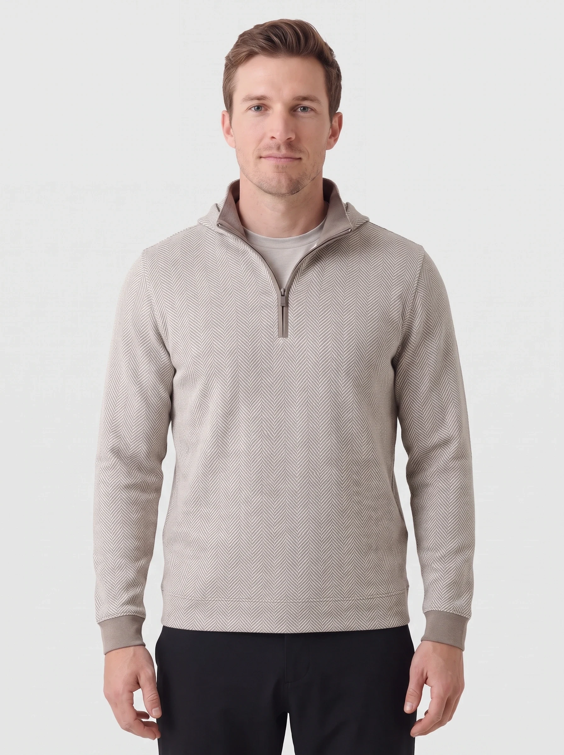 Oatmeal Herringbone Midlayer, men zip tops & midlayers, front view