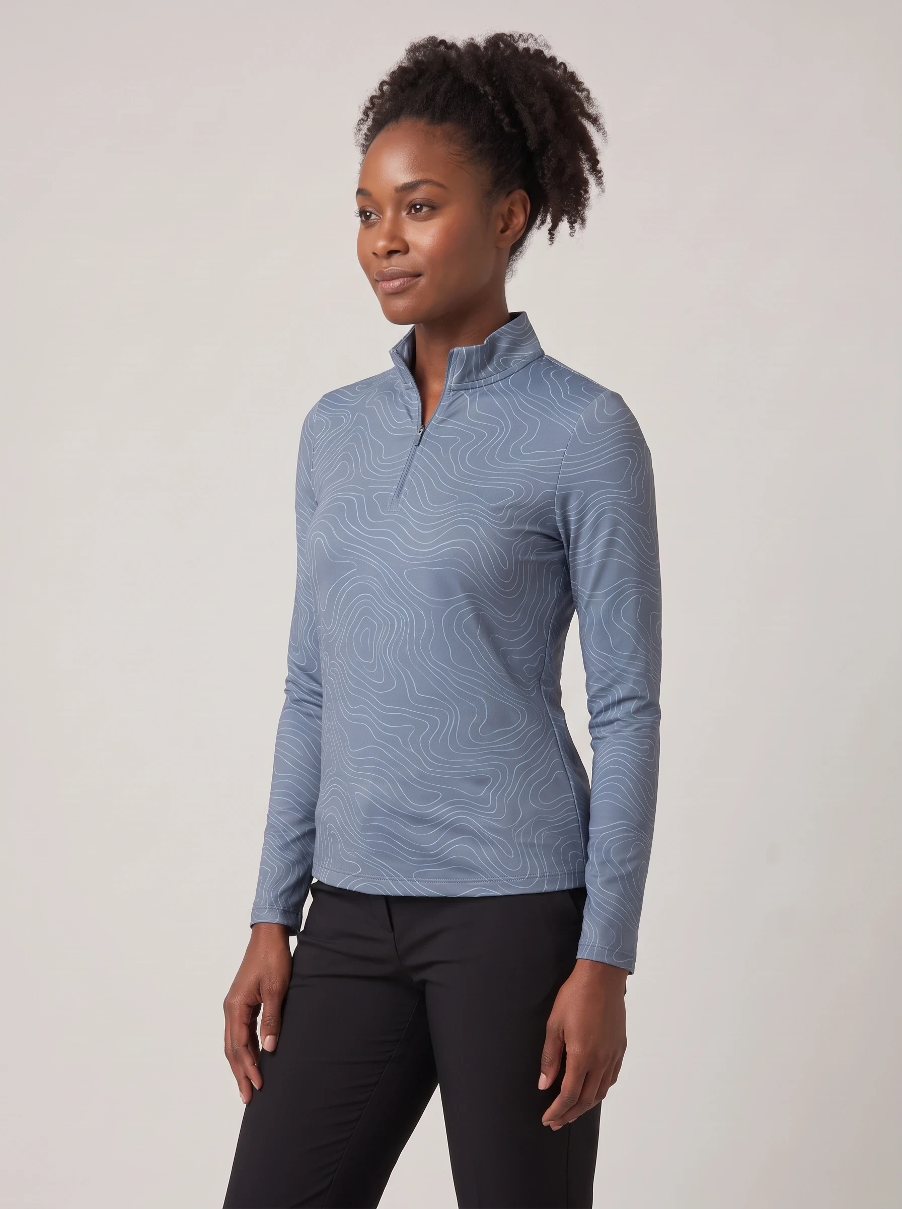 Slate Contour Long Sleeve Polo, women printed polos, side view