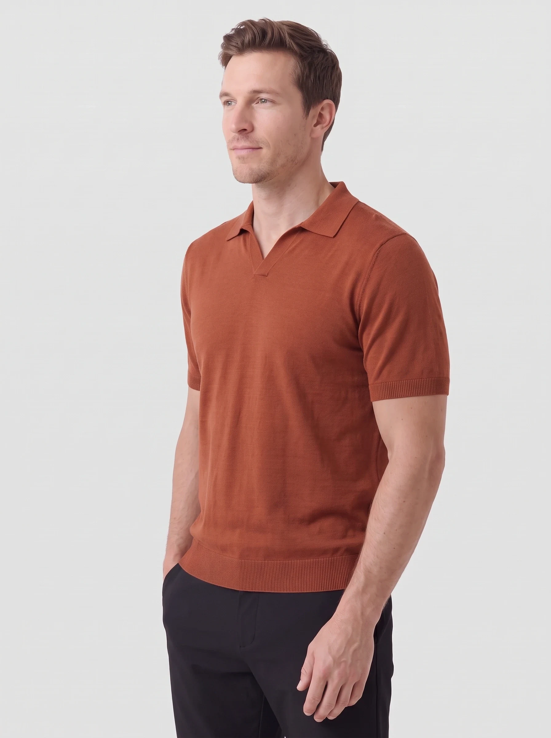 Rust Open Collar Knit Polo, men solid polos, side view