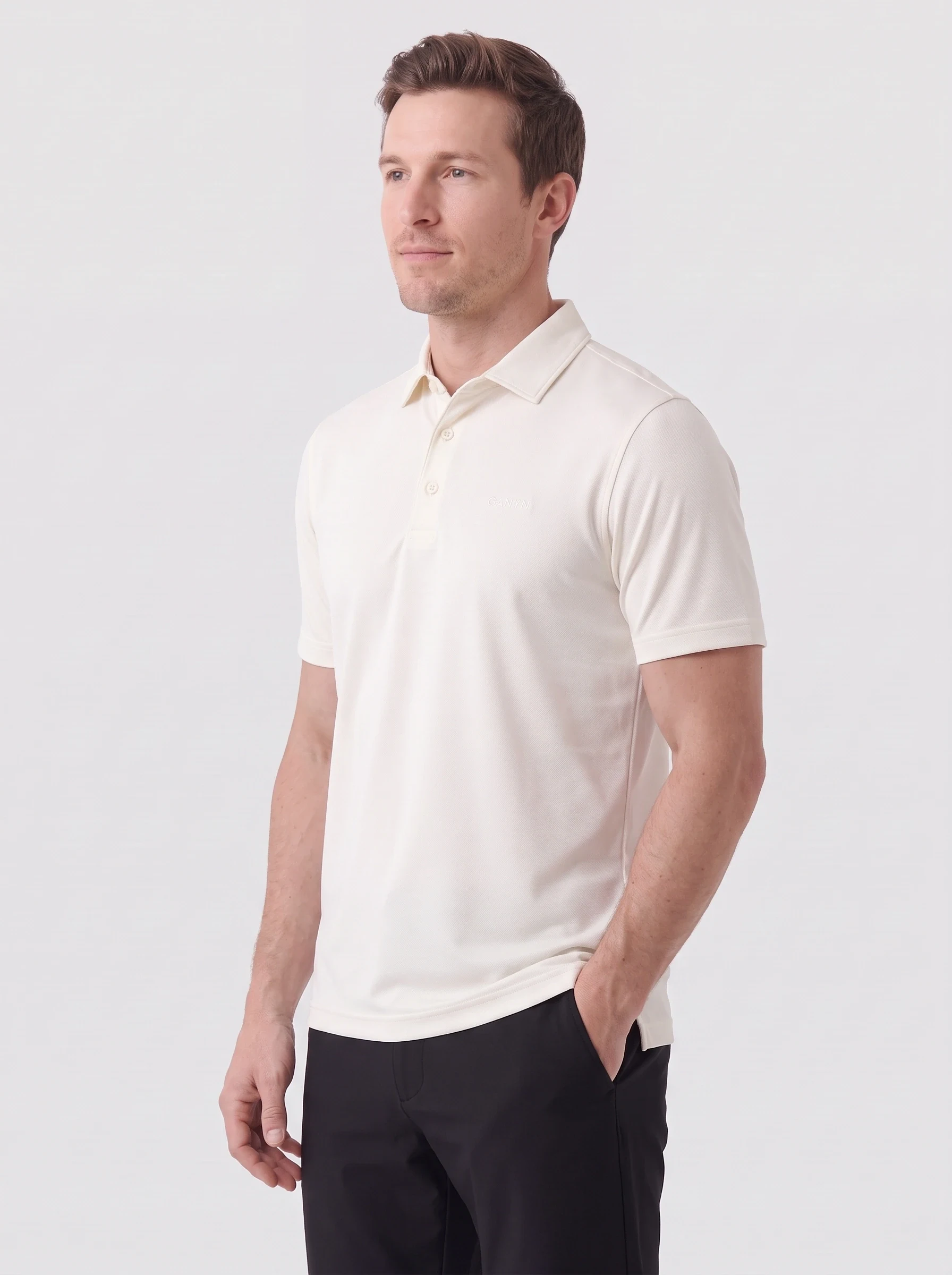 Ivory Pique Club Polo, men solid polos, side view
