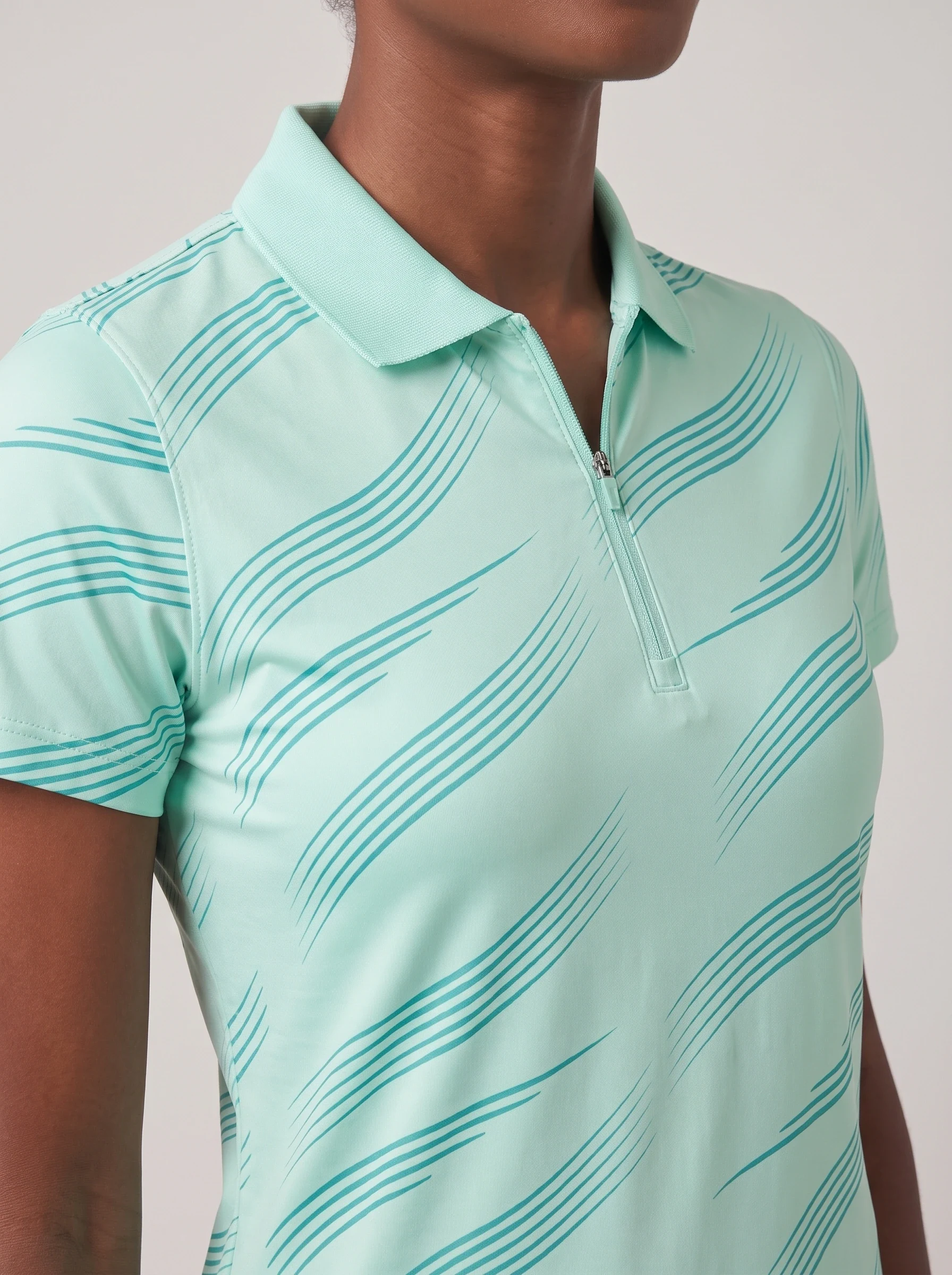 Mint Wave Zip Polo, women printed polos, Wavy line group print and neck zip detail