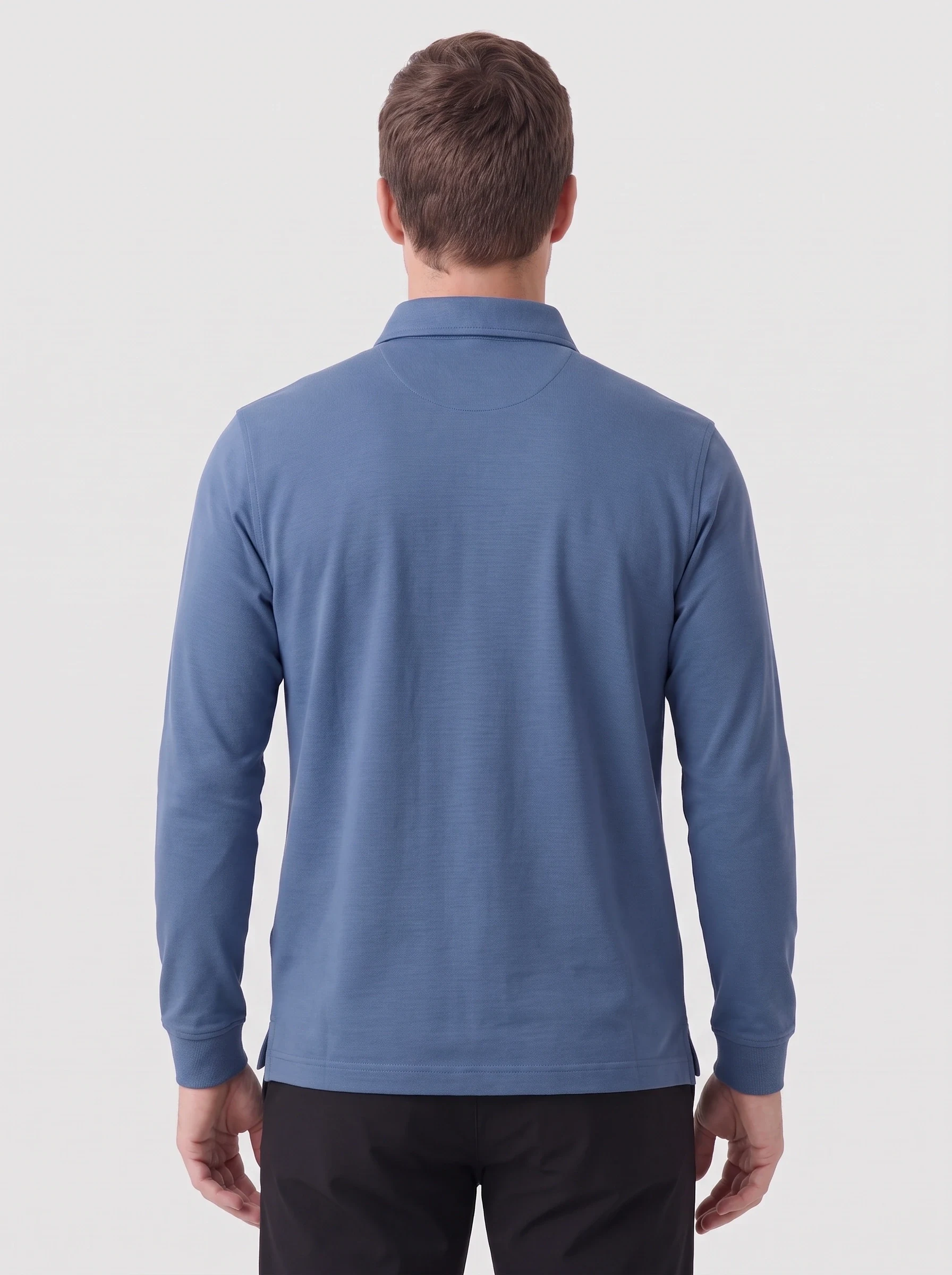 Denim Blue Long Sleeve Pique Polo, men solid polos, back view