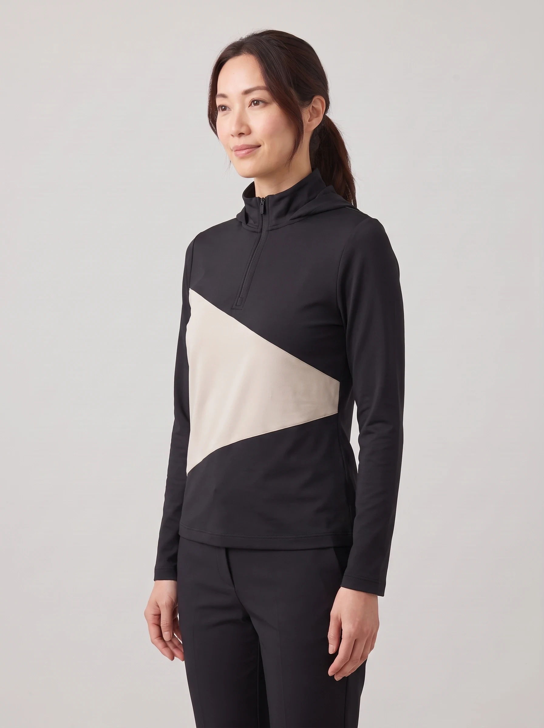 Black Cross Panel Quarter Zip, women zip tops & midlayers, side view