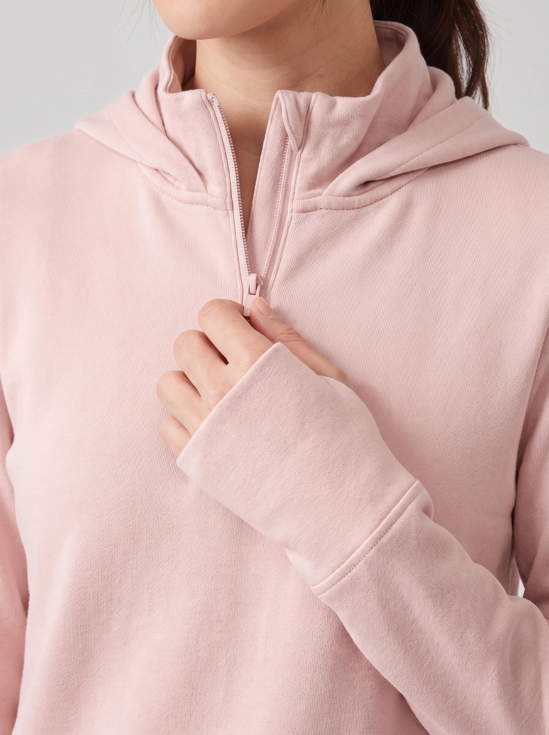 Blush Half Zip Hoodie, women hoodies, Half zipper and thumbhole cuff detail