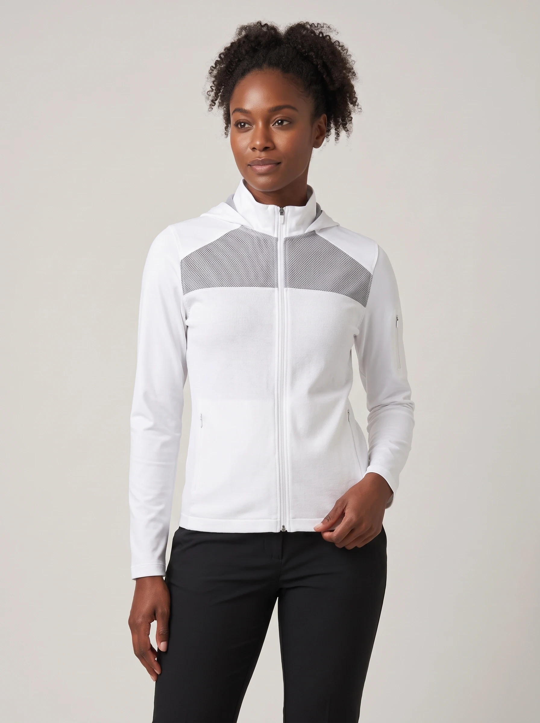 White Mesh Back Zip Layer, women zip tops & midlayers, front view