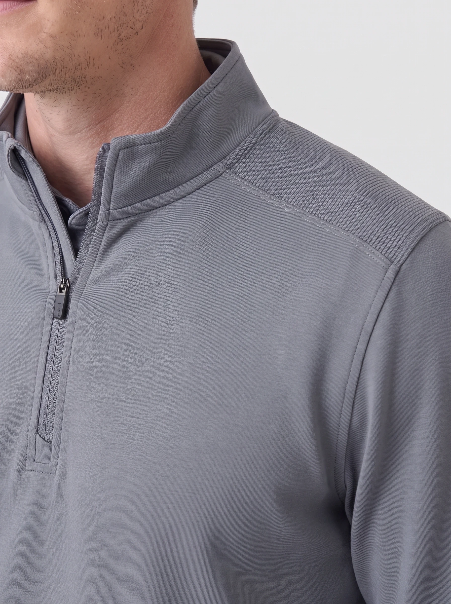 Steel Rib Shoulder Quarter Zip, men zip tops & midlayers, Rib shoulder yoke join and zip guard detail