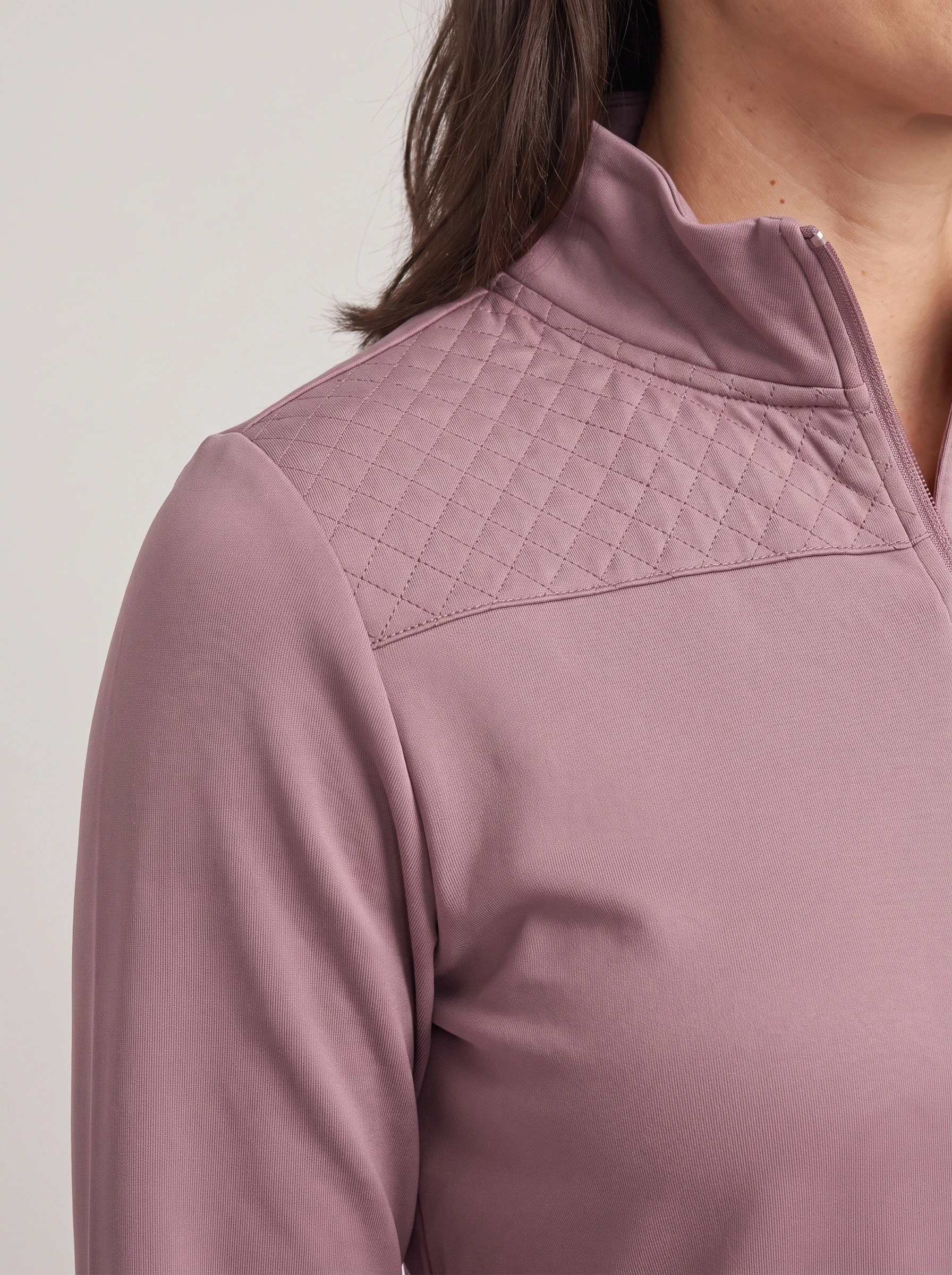Mauve Quilted Yoke Half Zip, women zip tops & midlayers, Small diamond quilt yoke and knit join detail