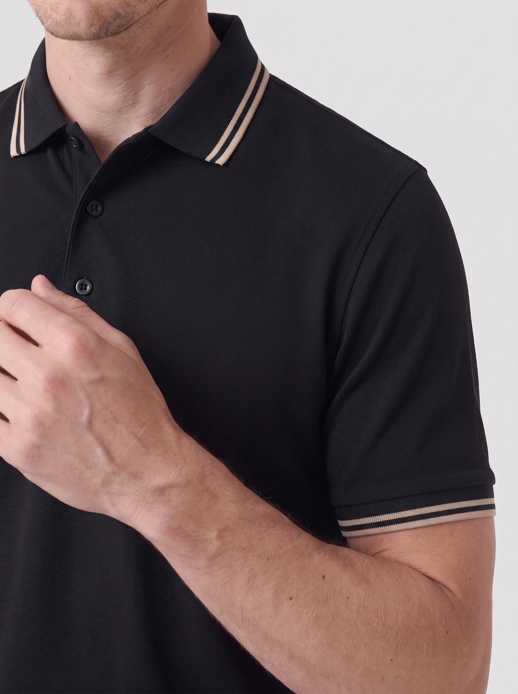 Black Tipped Rib Polo, men solid polos, Double-tipped rib collar and cuffs detail