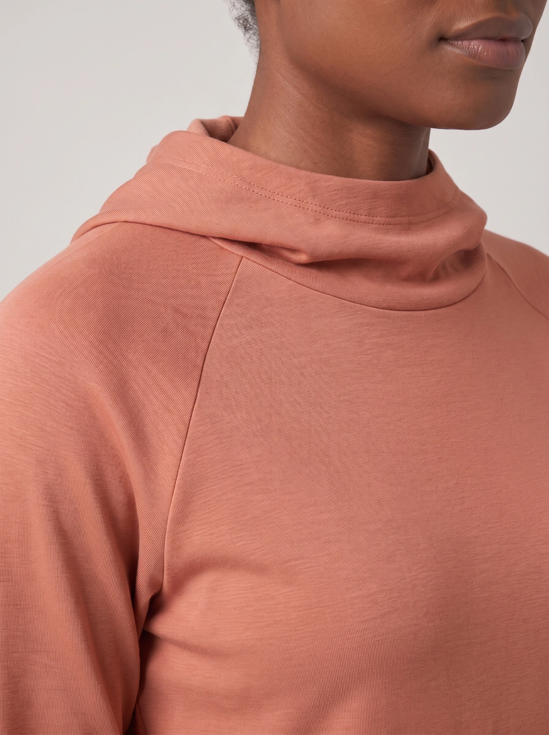 Terracotta Cowl Hood Pullover, women hoodies, Cowl-to-hood drape and raglan seam detail
