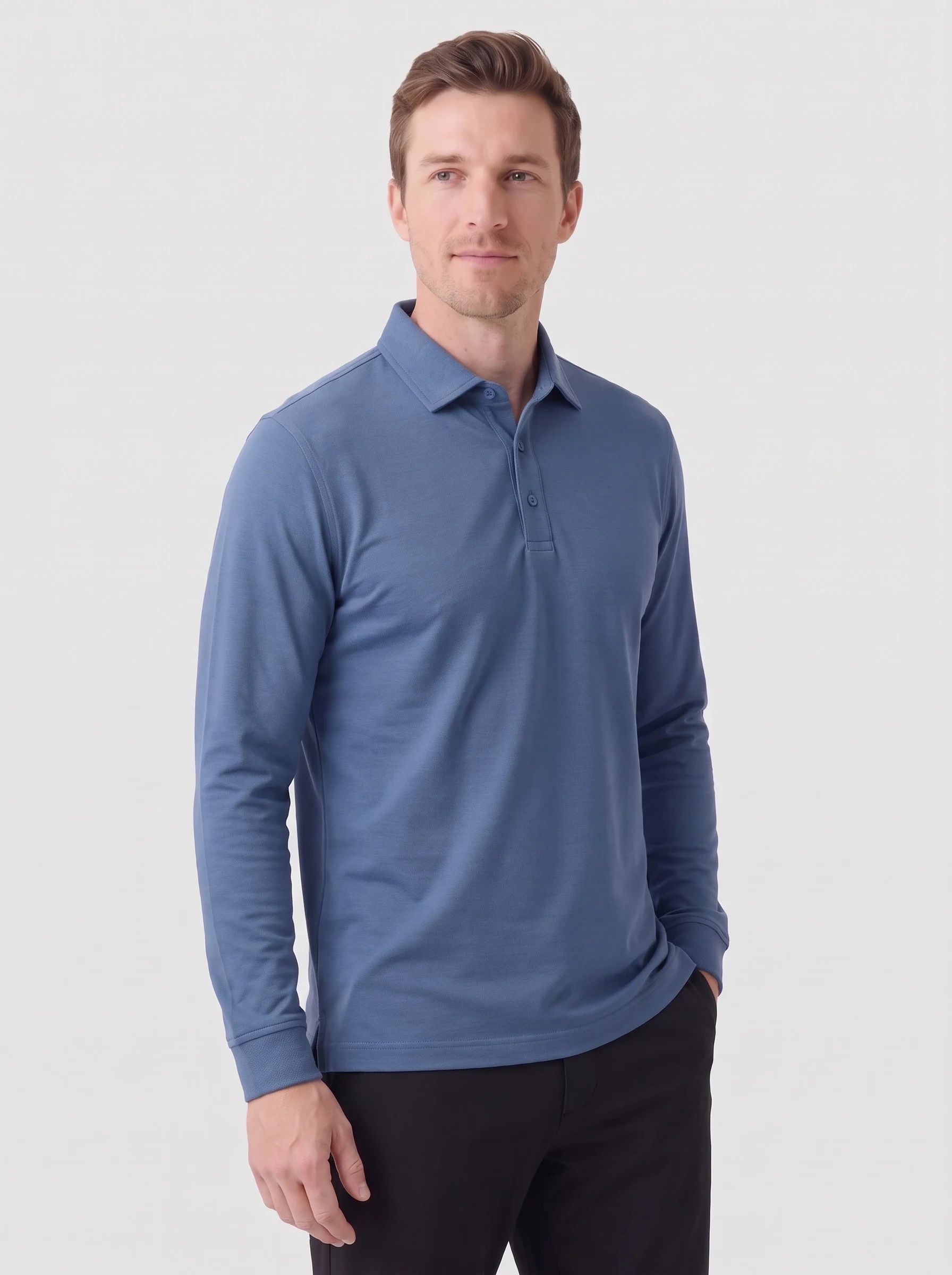 Denim Blue Long Sleeve Pique Polo, men solid polos, side view