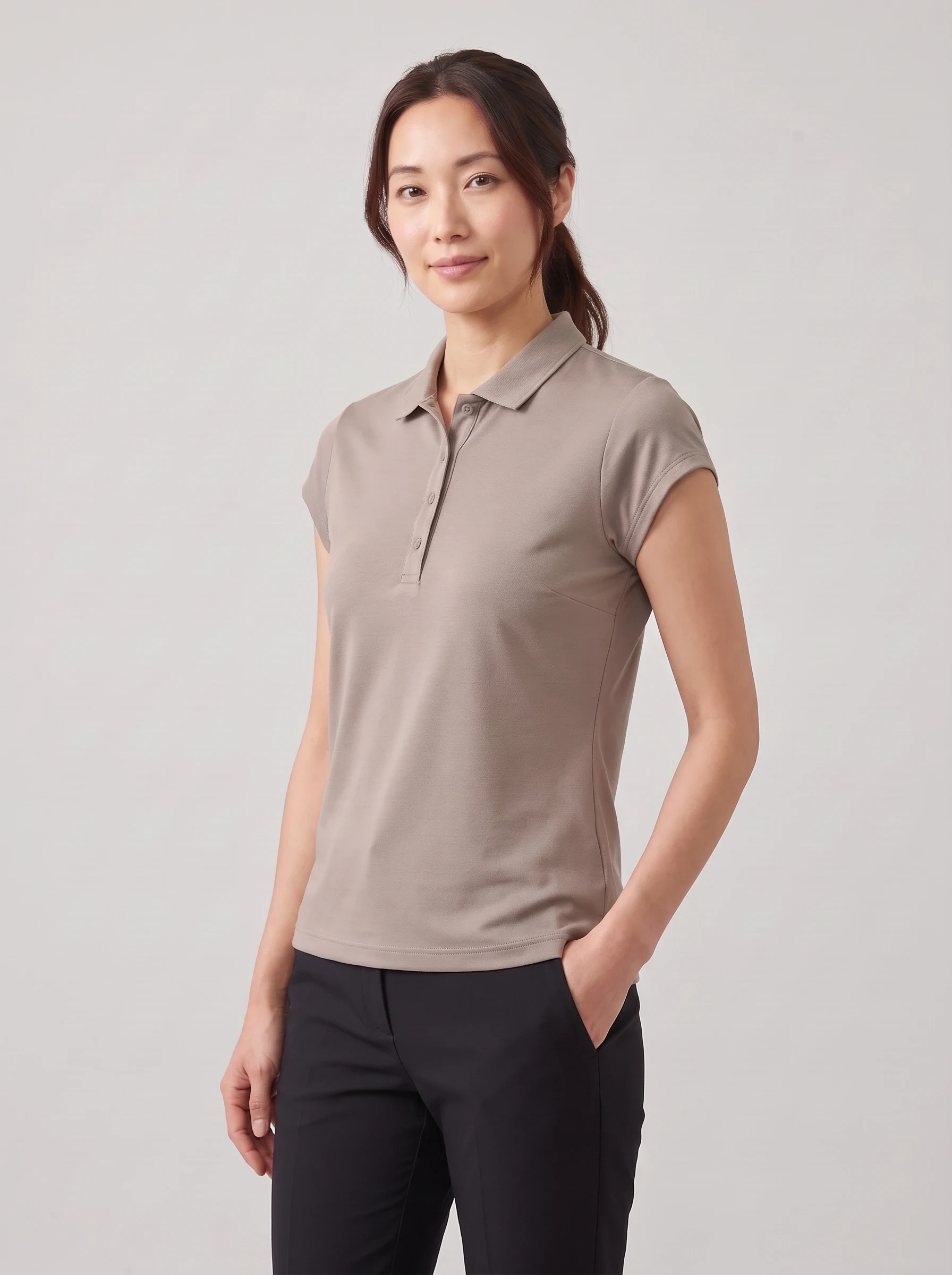 Taupe Hidden Placket Polo, women solid polos, side view