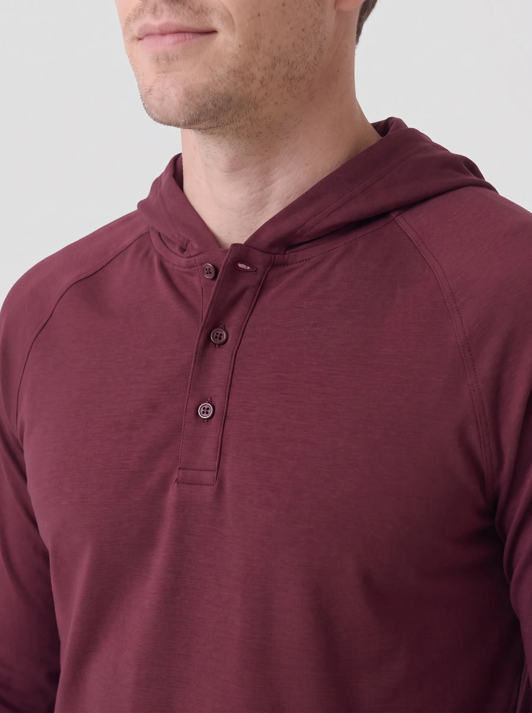 Burgundy Henley Hood Pullover, men hoodies, Henley button opening and hood seam detail