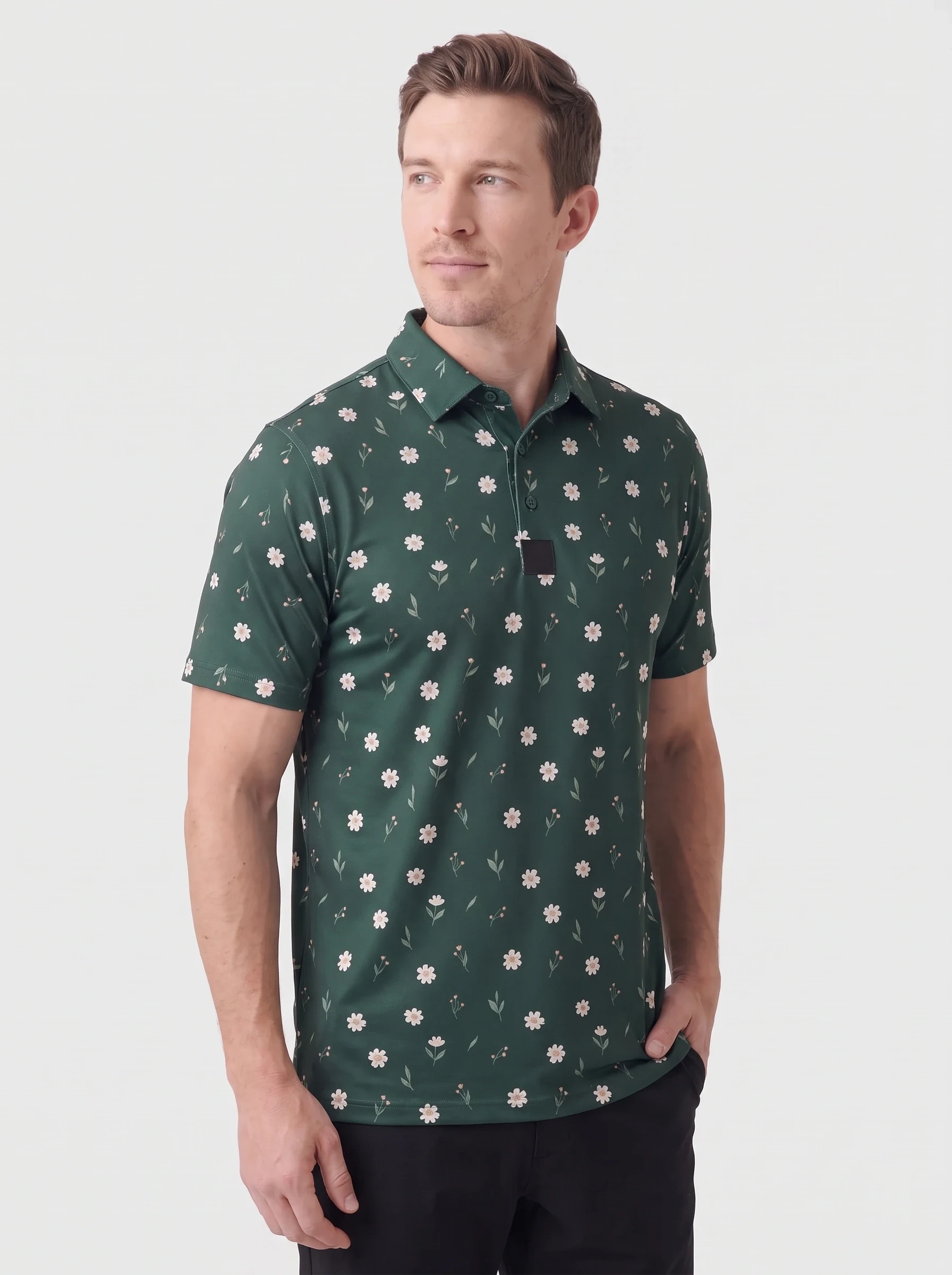 Forest Meadow Print Polo, men printed polos, side view