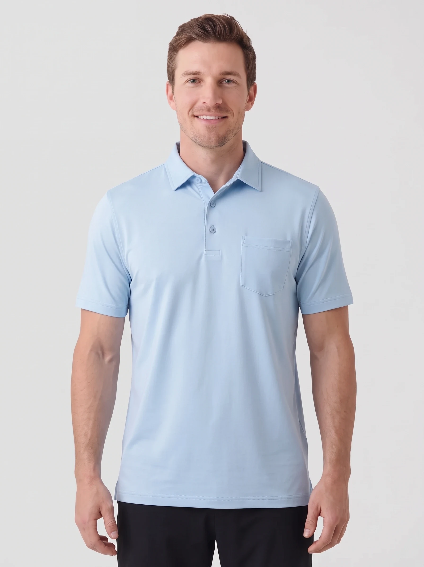 Ice Blue Chest Pocket Polo, men solid polos, front view