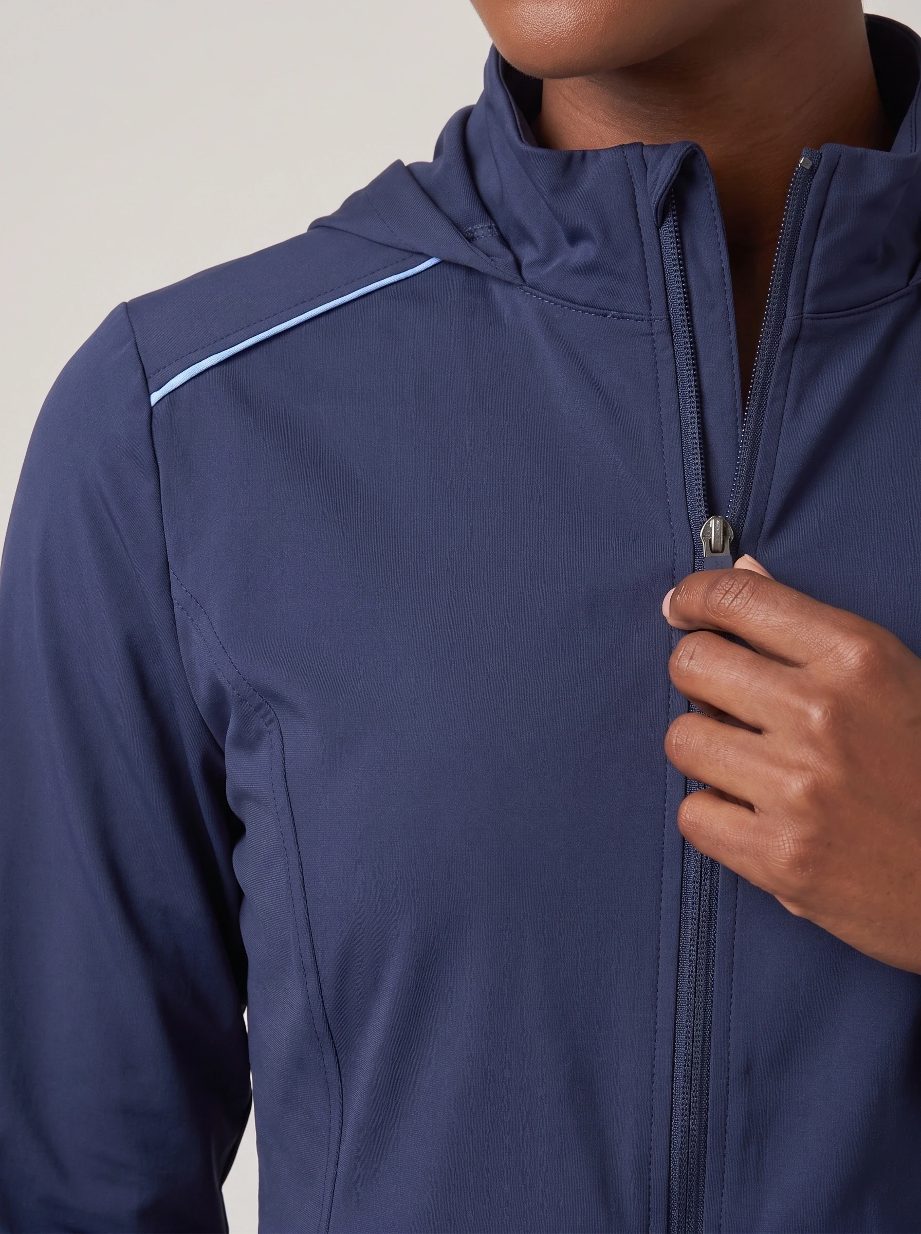 Navy Piped Stretch Jacket, women outerwear, Shoulder piping and full zip guard detail