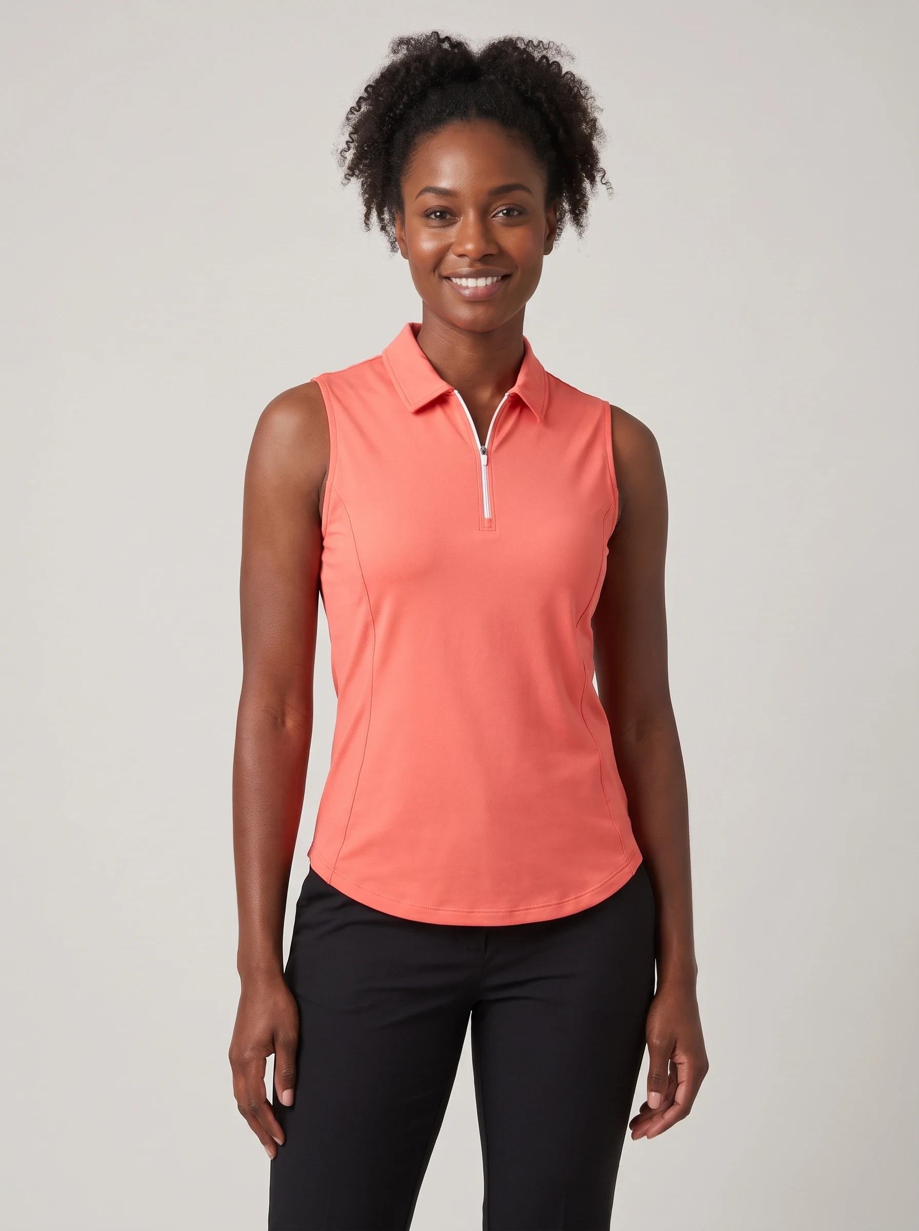 Coral Sleeveless Zip Polo, women solid polos, front view