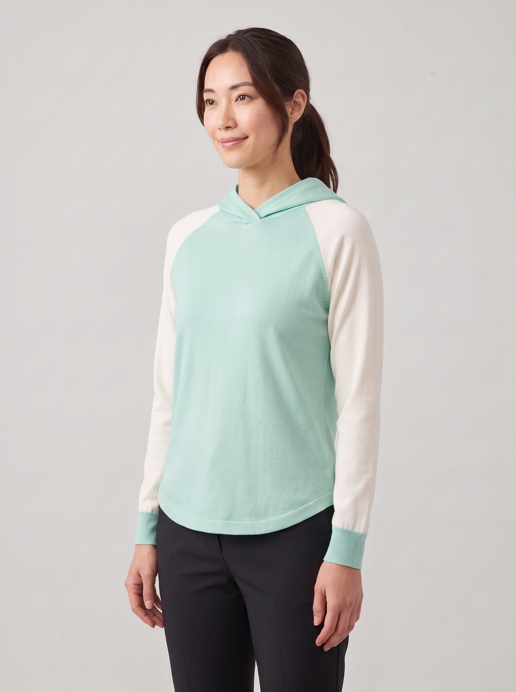 Mint Contrast Sleeve Hoodie, women hoodies, side view