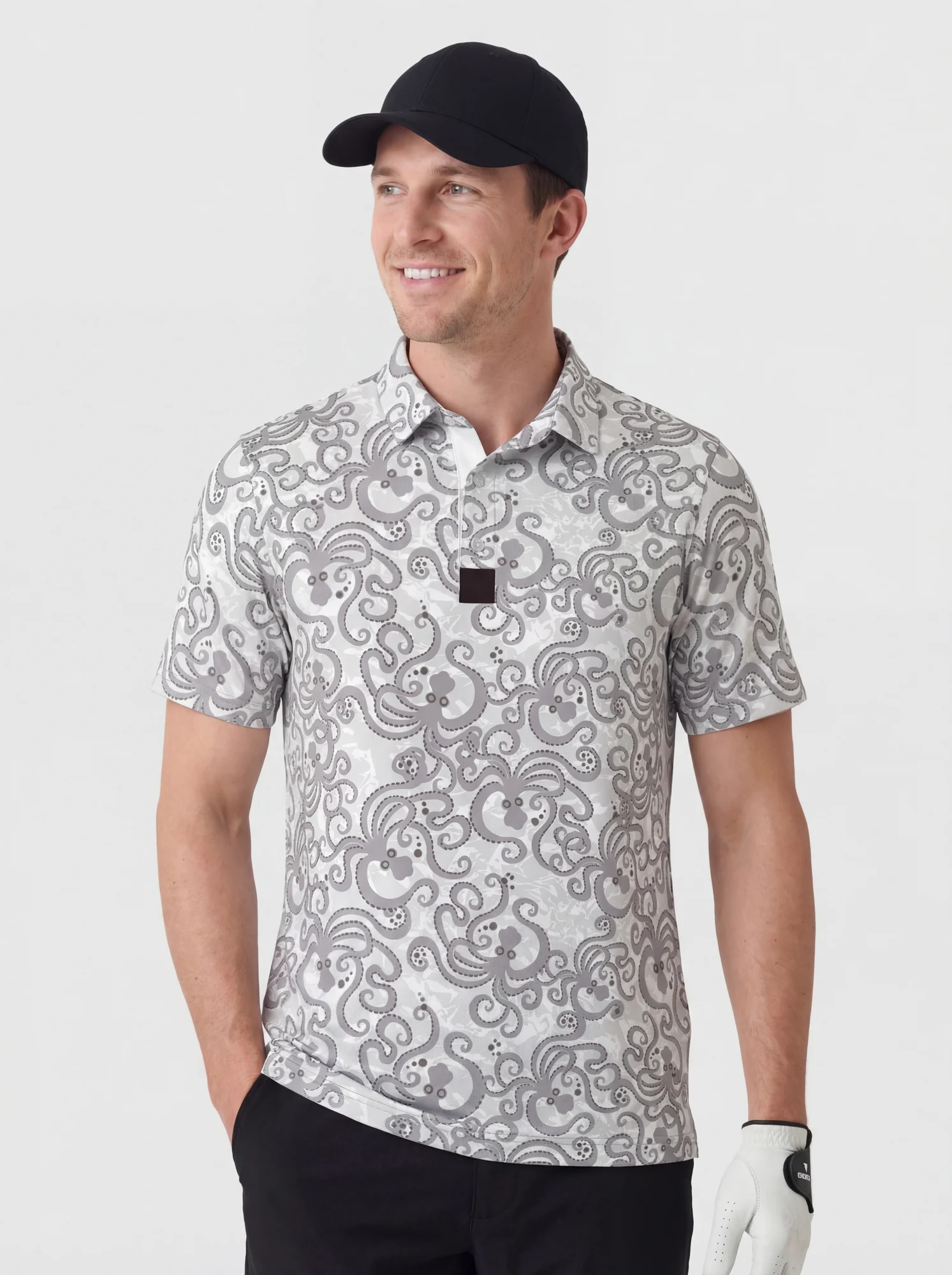 Men's grey ornamental paisley polo in white / grey, front view