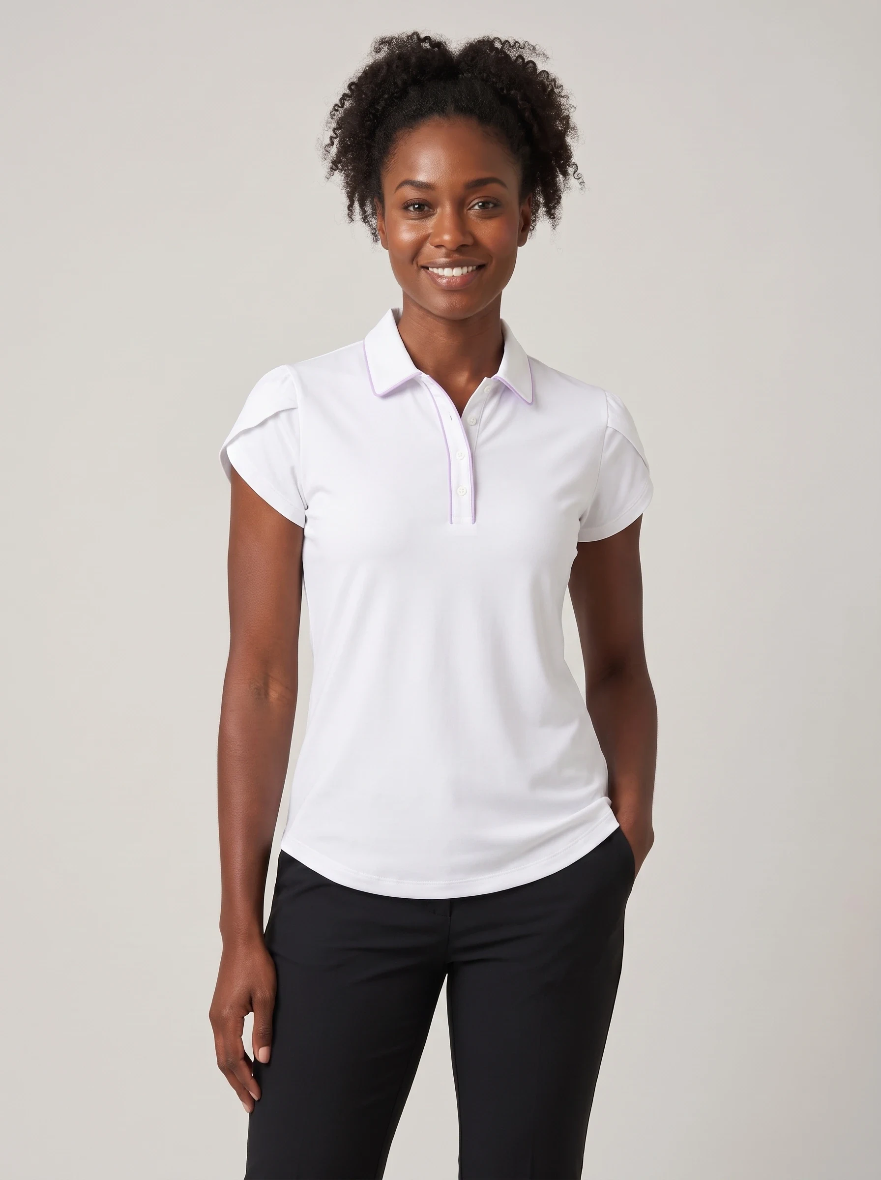 White Petal Sleeve Polo, women solid polos, front view