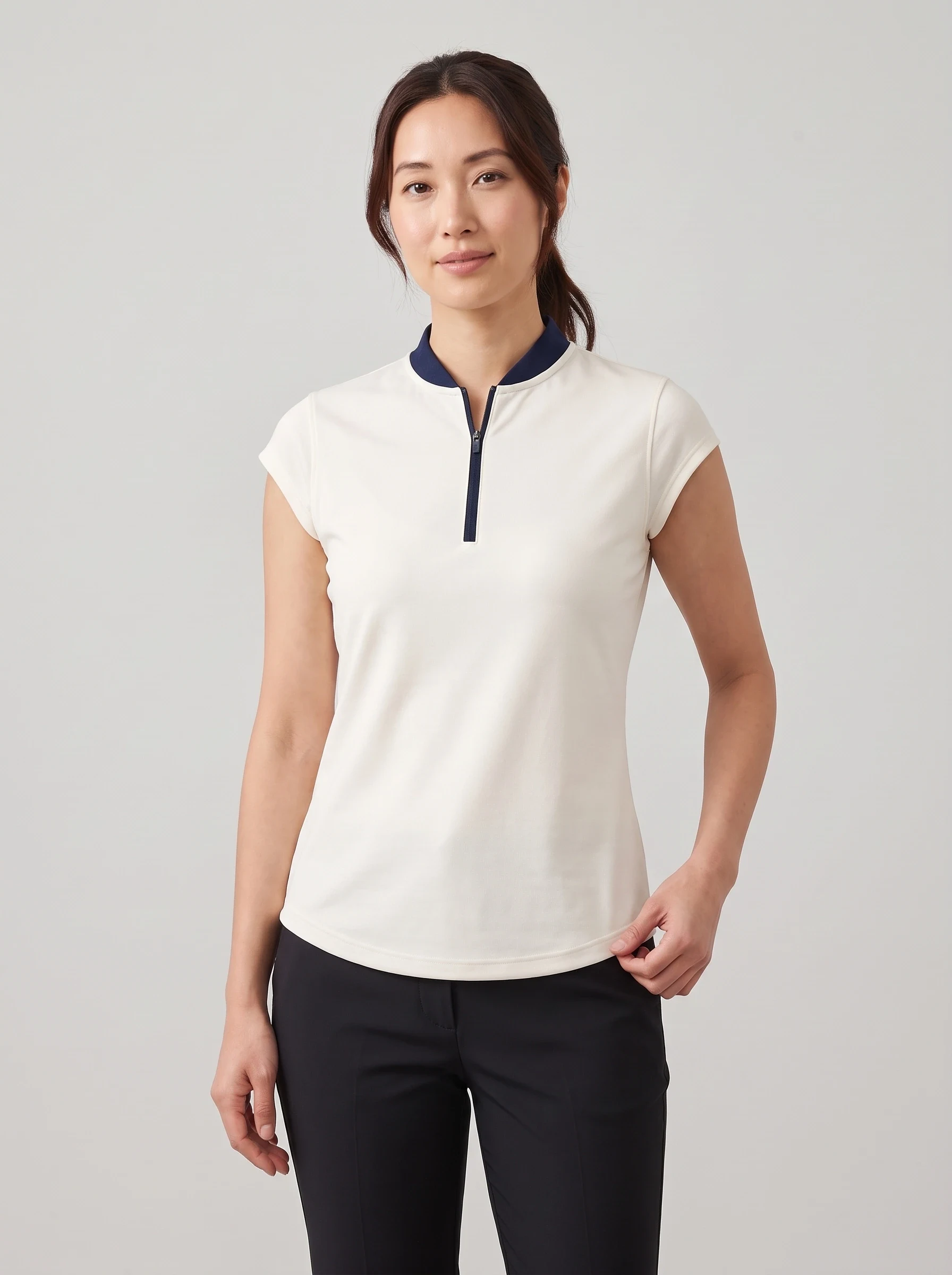 Ivory Mandarin Neck Polo, women solid polos, front view