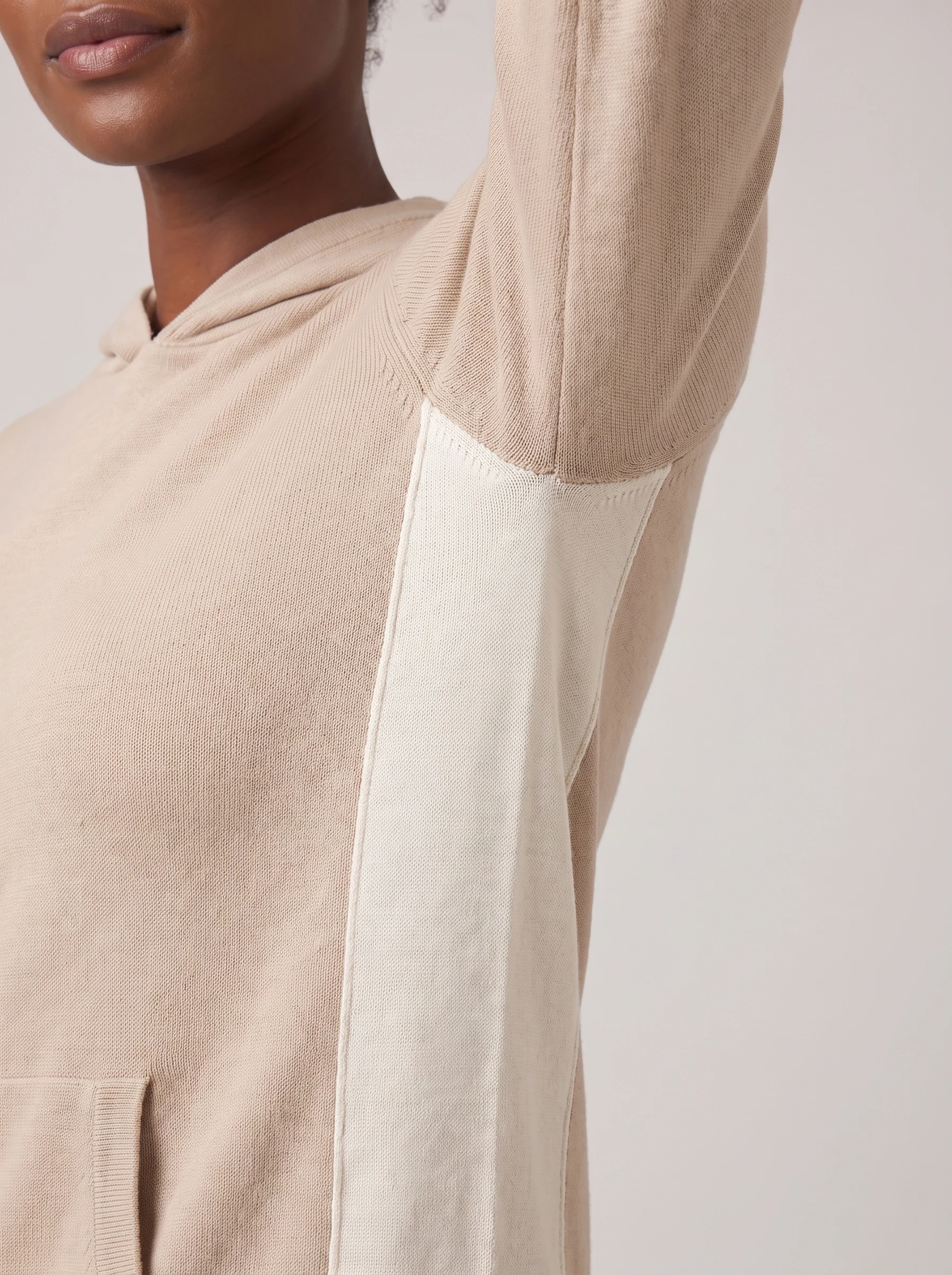 Sand Side Panel Hoodie, women hoodies, Contrast side panel and knit texture detail
