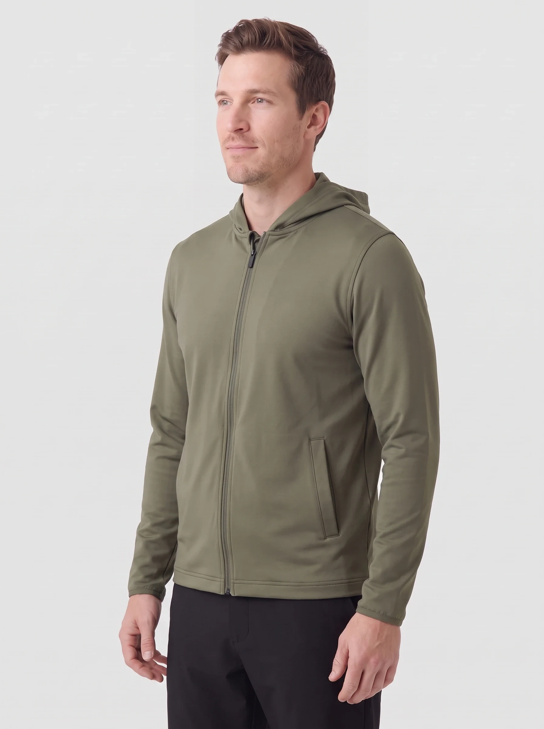 Olive Collarless Full Zip Layer, men zip tops & midlayers, side view