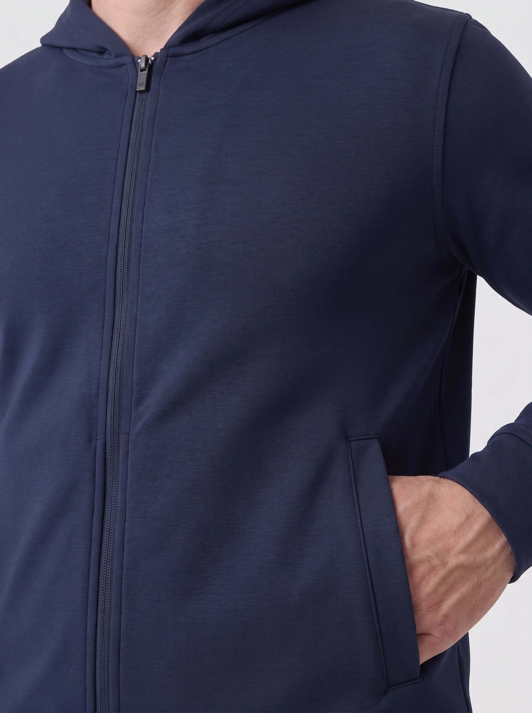 Navy Full Zip Travel Hoodie, men hoodies, Full zipper and welt pocket detail