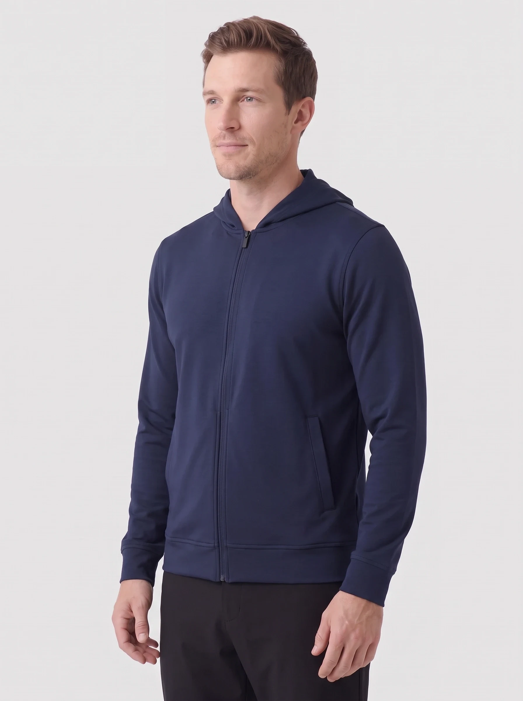 Navy Full Zip Travel Hoodie, men hoodies, side view