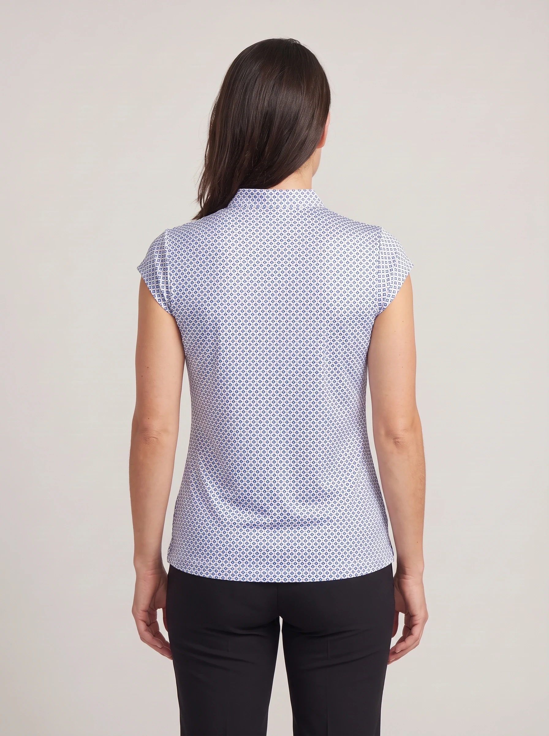 Blue Geometric Tile Polo, women printed polos, back view