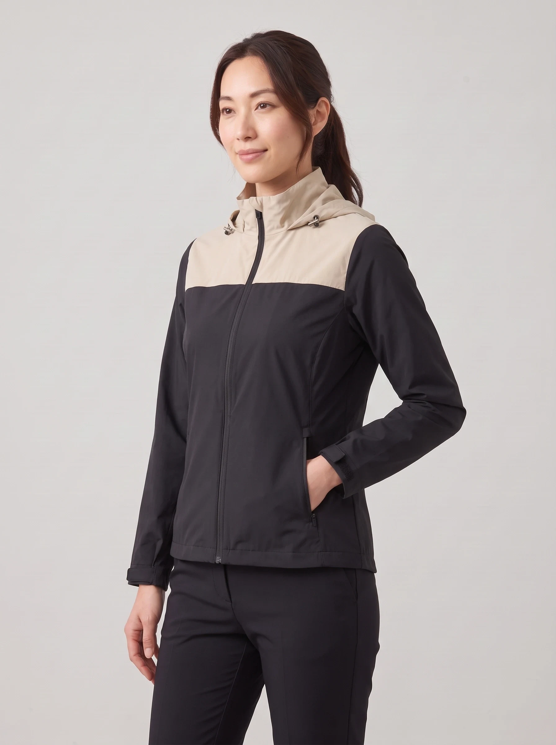Black Two Tone Hooded Shell, women outerwear, side view