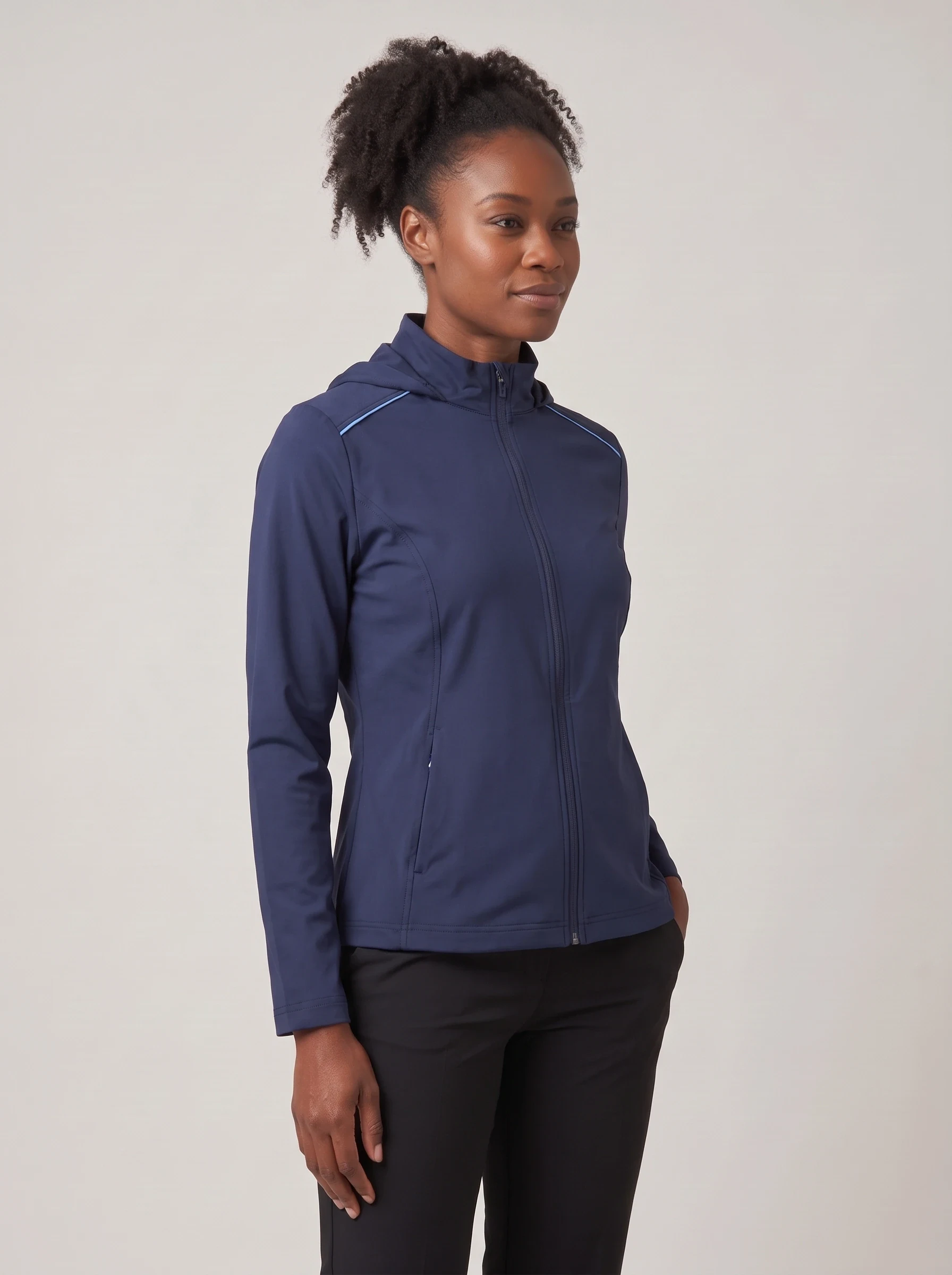 Navy Piped Stretch Jacket, women outerwear, side view