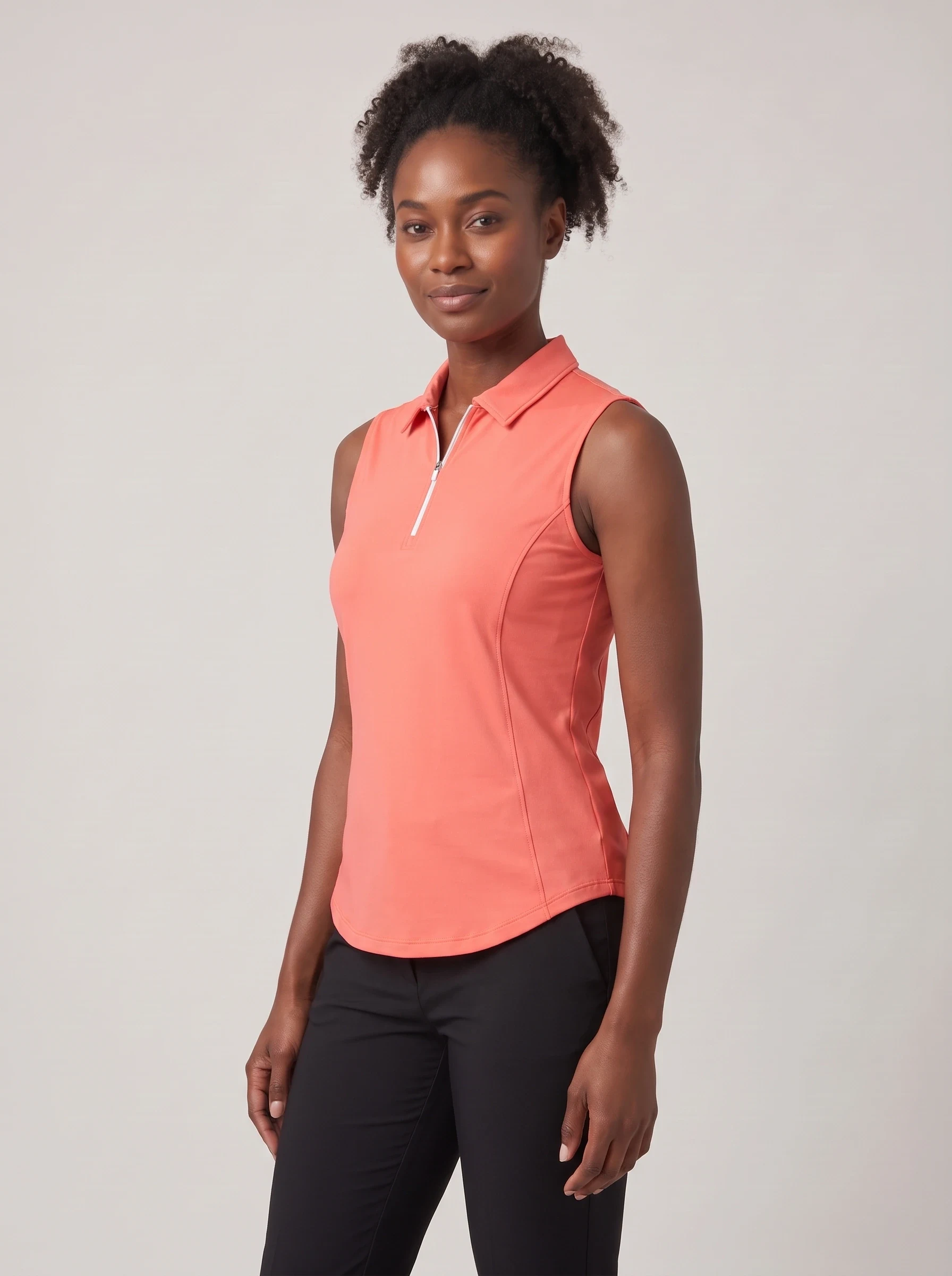 Coral Sleeveless Zip Polo, women solid polos, side view