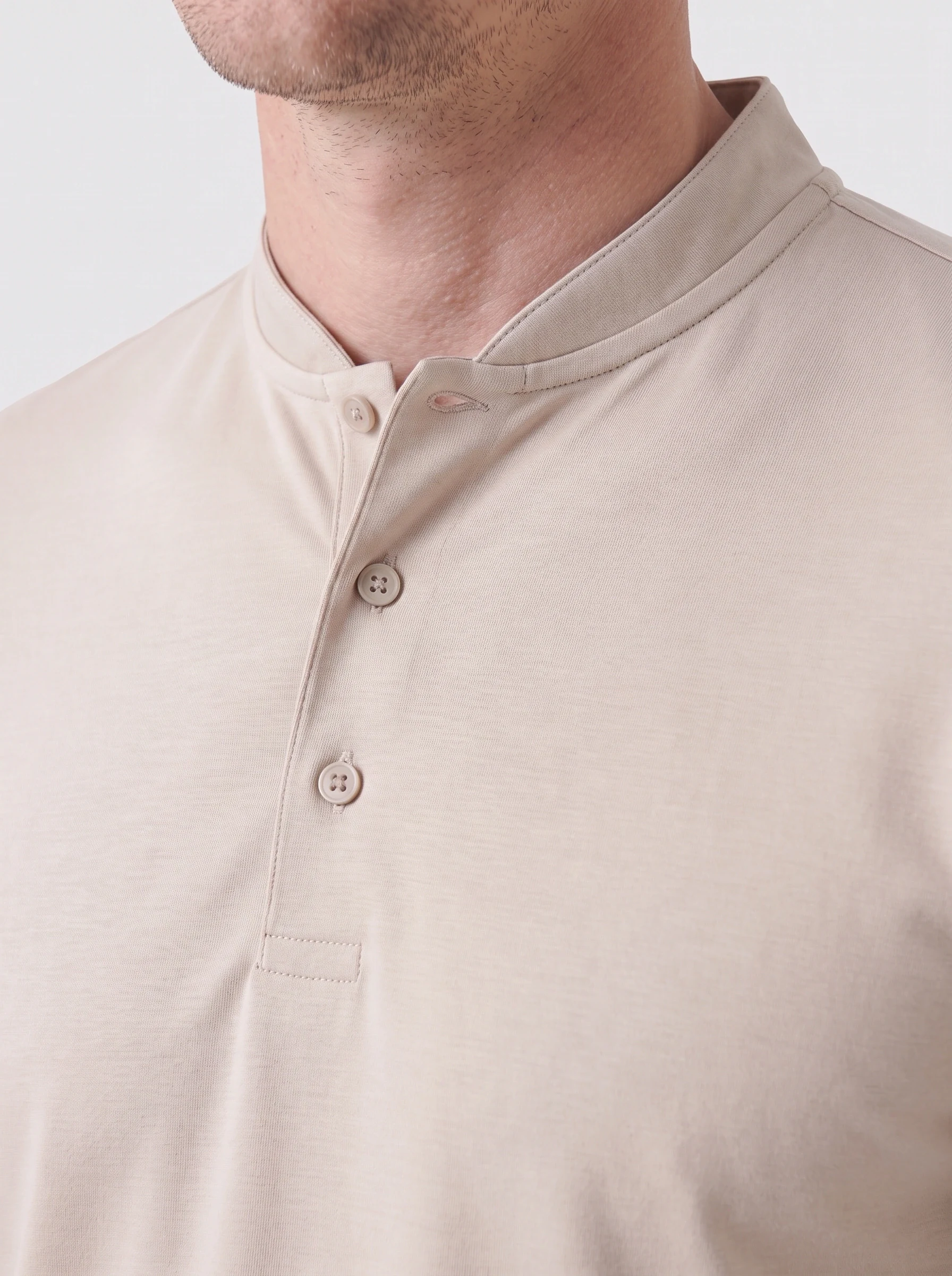 Sand Band Collar Polo, men solid polos, Band collar and concealed placket detail