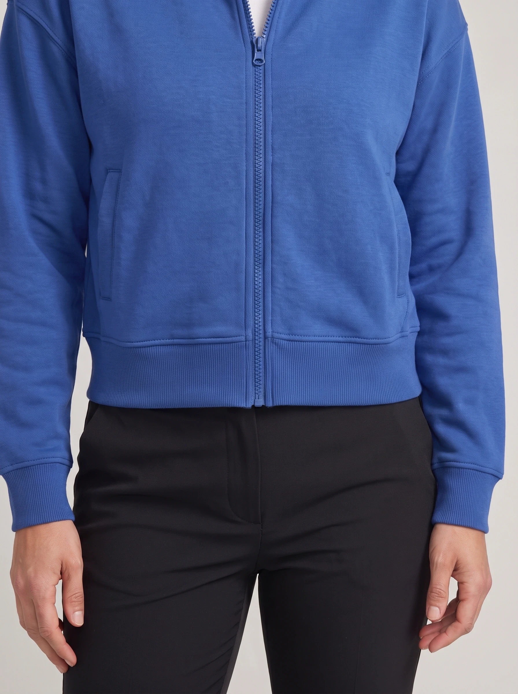 Cobalt Cropped Zip Hoodie, women hoodies, Full zipper and rib waistband detail