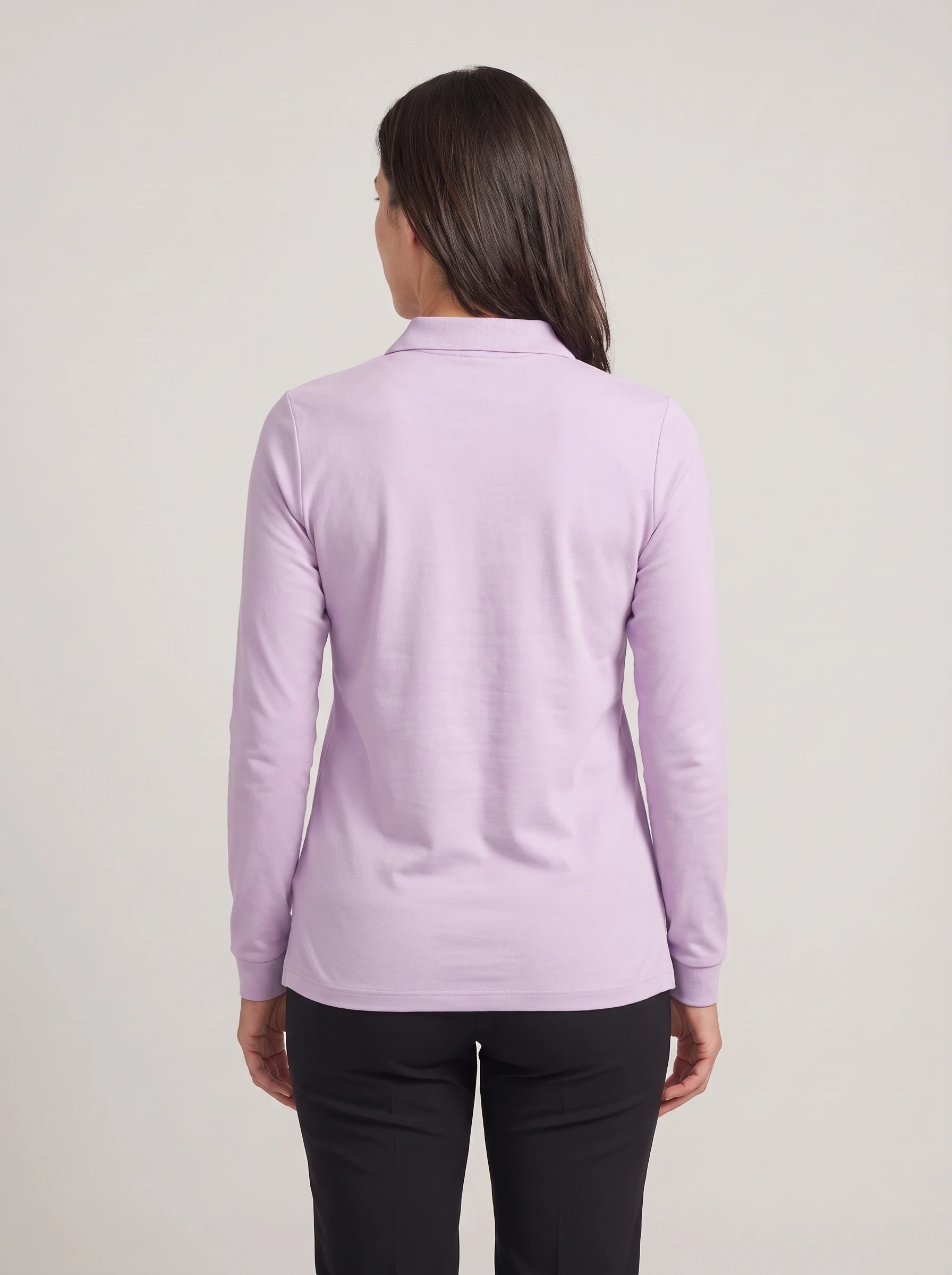 Lilac Long Sleeve Polo, women solid polos, back view